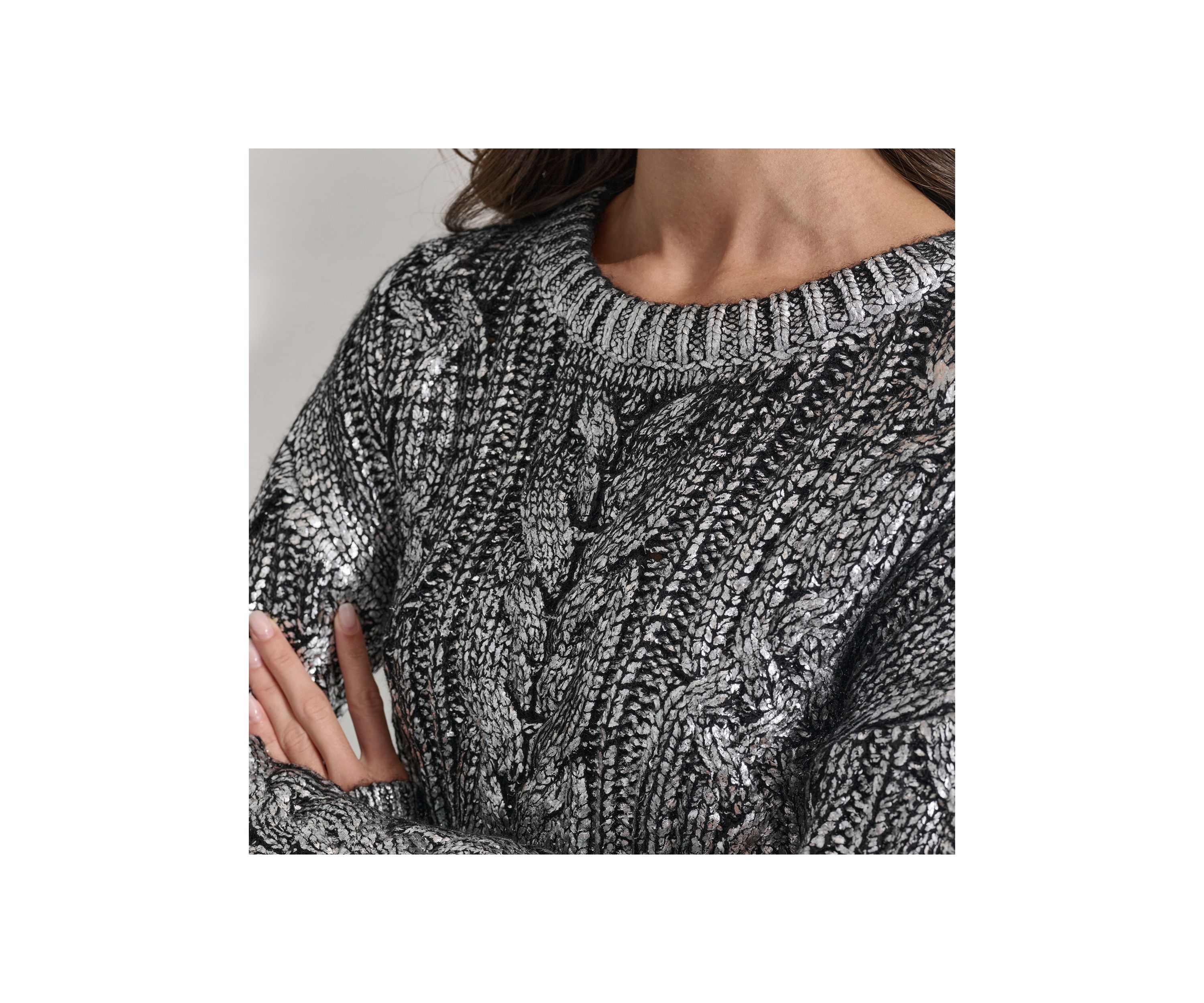 Womens Long Sleeve Foil Cable Sweater