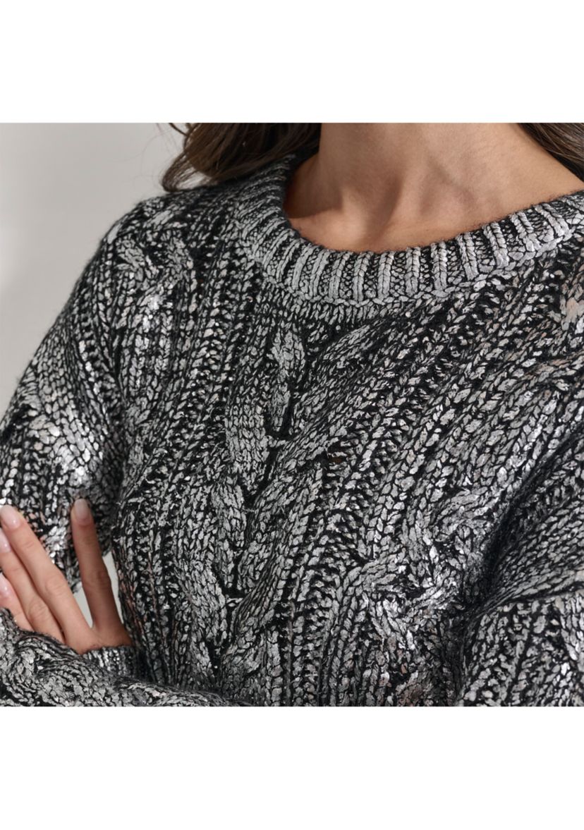 Womens Long Sleeve Foil Cable Sweater