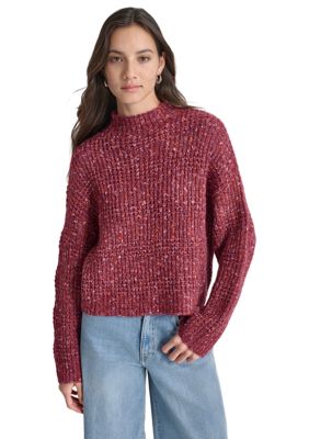 DKNY Jeans Women's Long Sleeve Speckle Mock Neck Boxy Sweater, Large