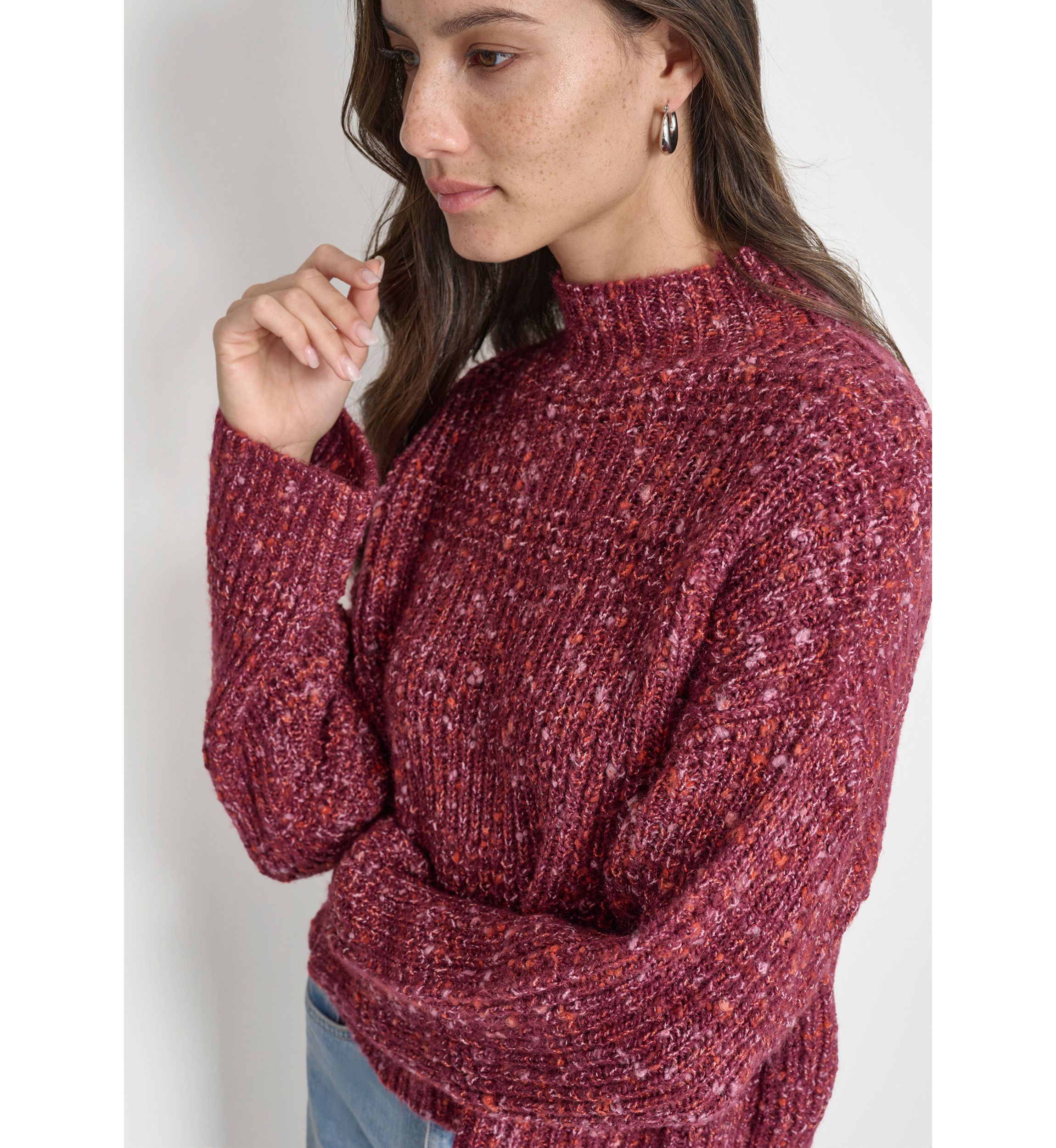 Womens Long Sleeve Speckle Mock Neck Boxy Sweater