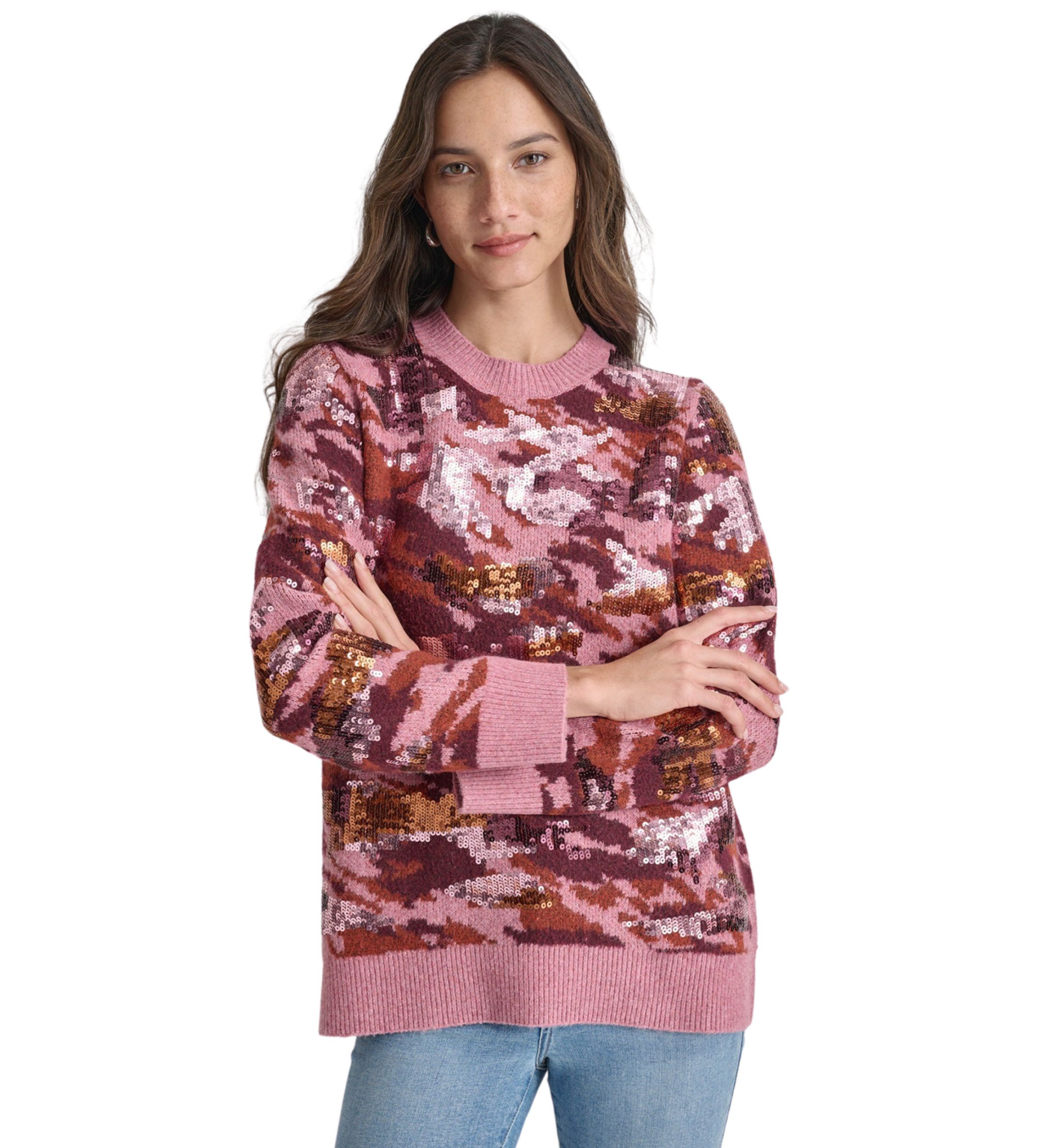Womens Long Sleeve Sequin Camo Crew Neck Sweater