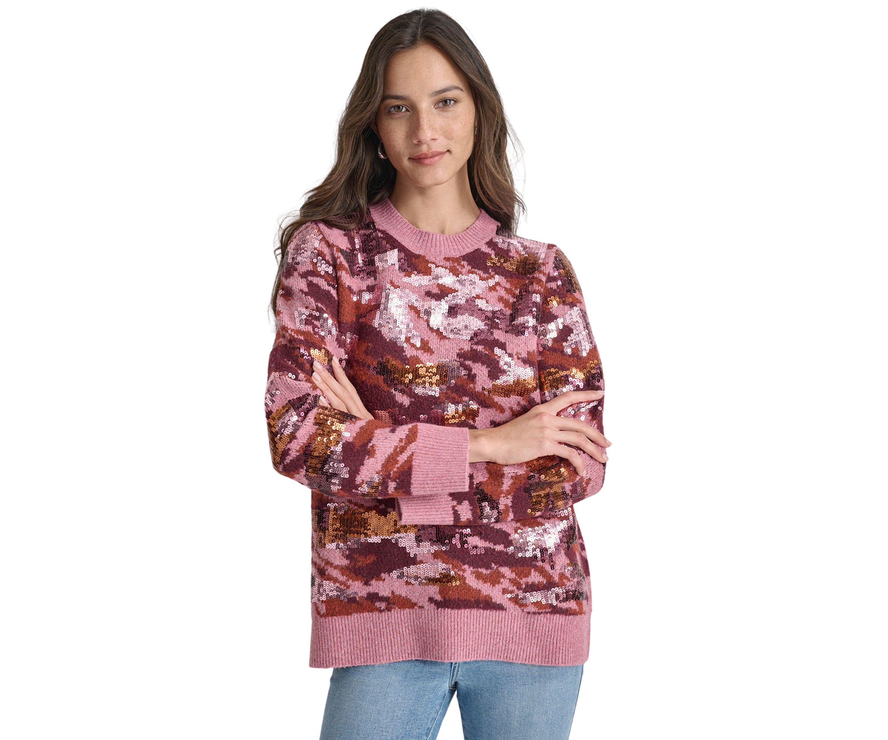 Womens Long Sleeve Sequin Camo Crew Neck Sweater