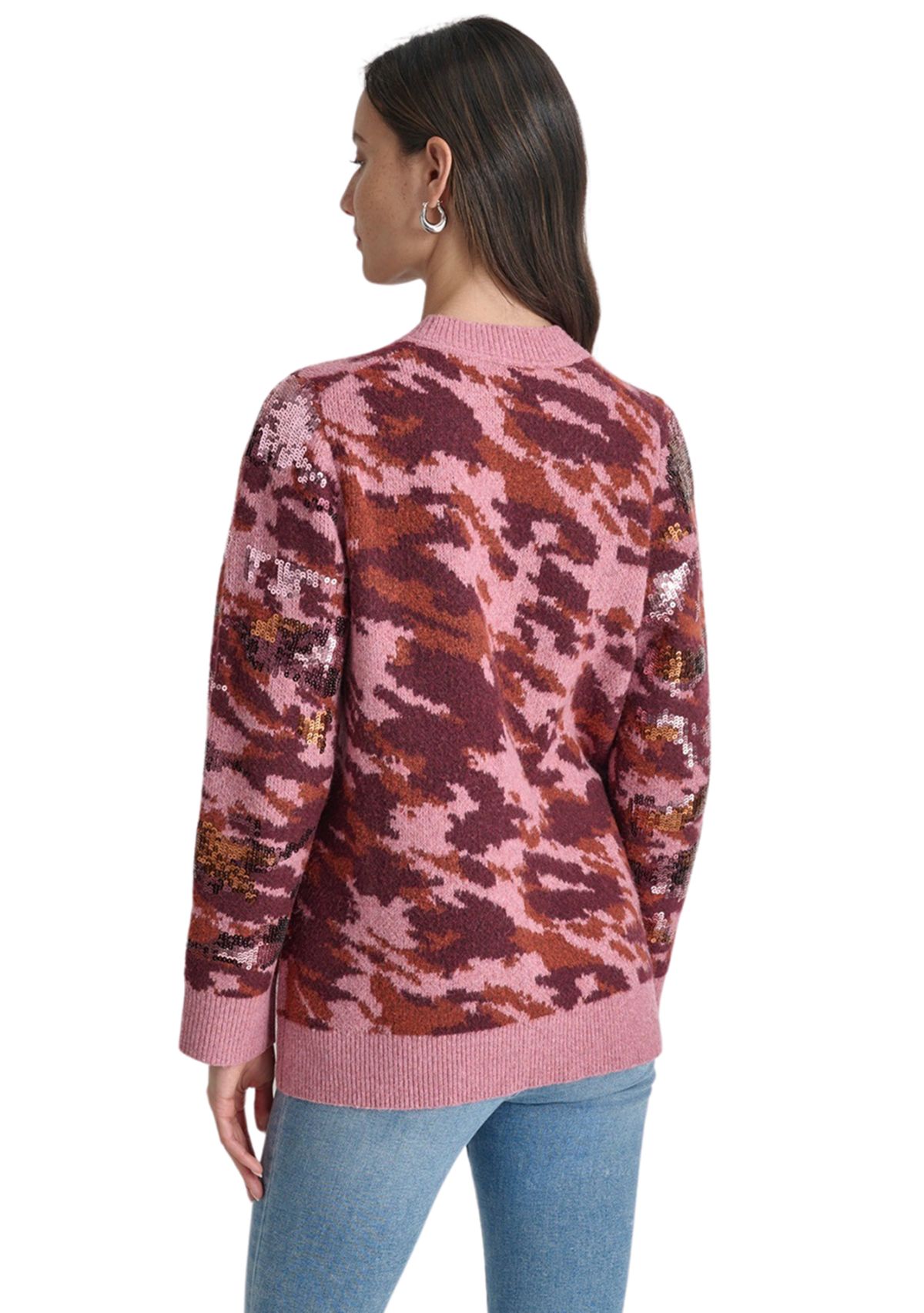 Womens Long Sleeve Sequin Camo Crew Neck Sweater