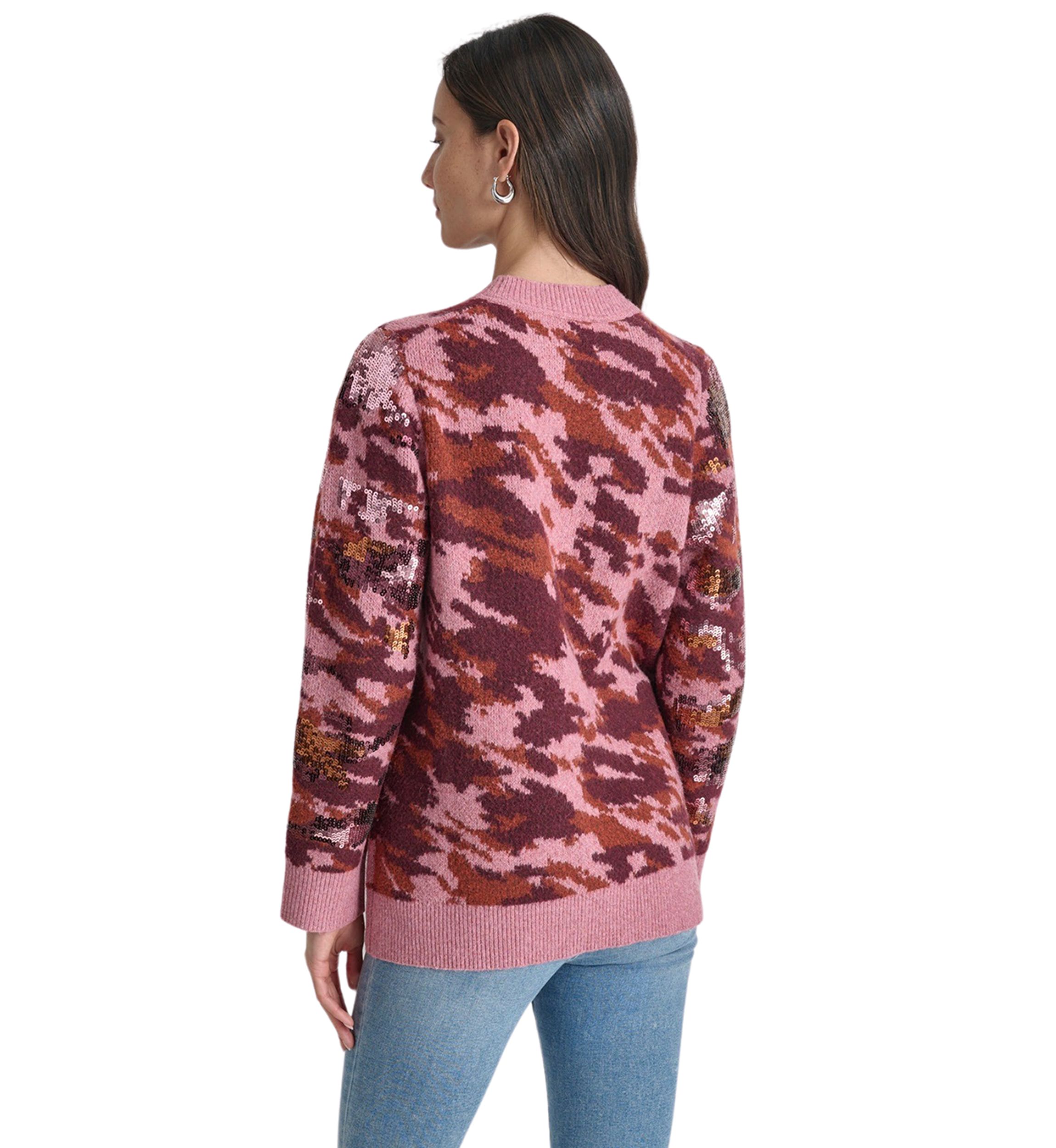 Womens Long Sleeve Sequin Camo Crew Neck Sweater
