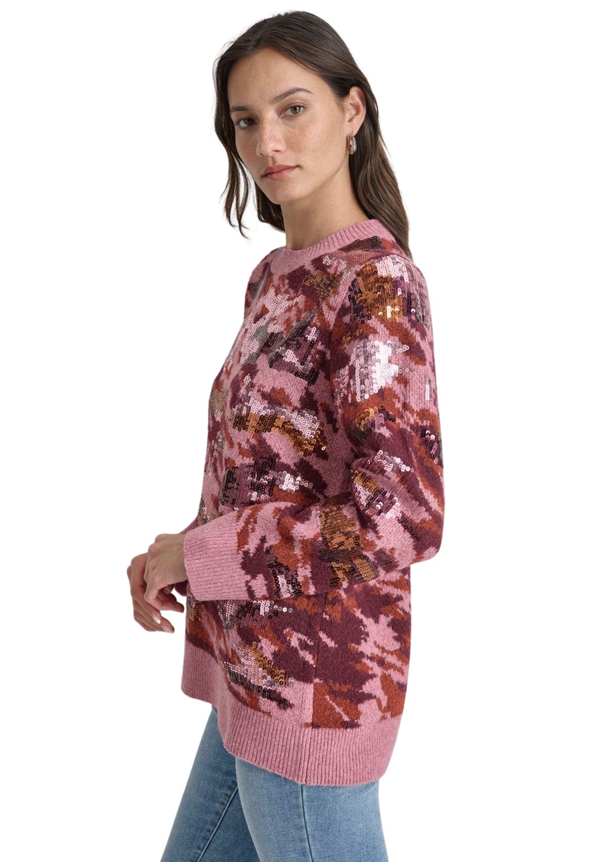 Womens Long Sleeve Sequin Camo Crew Neck Sweater