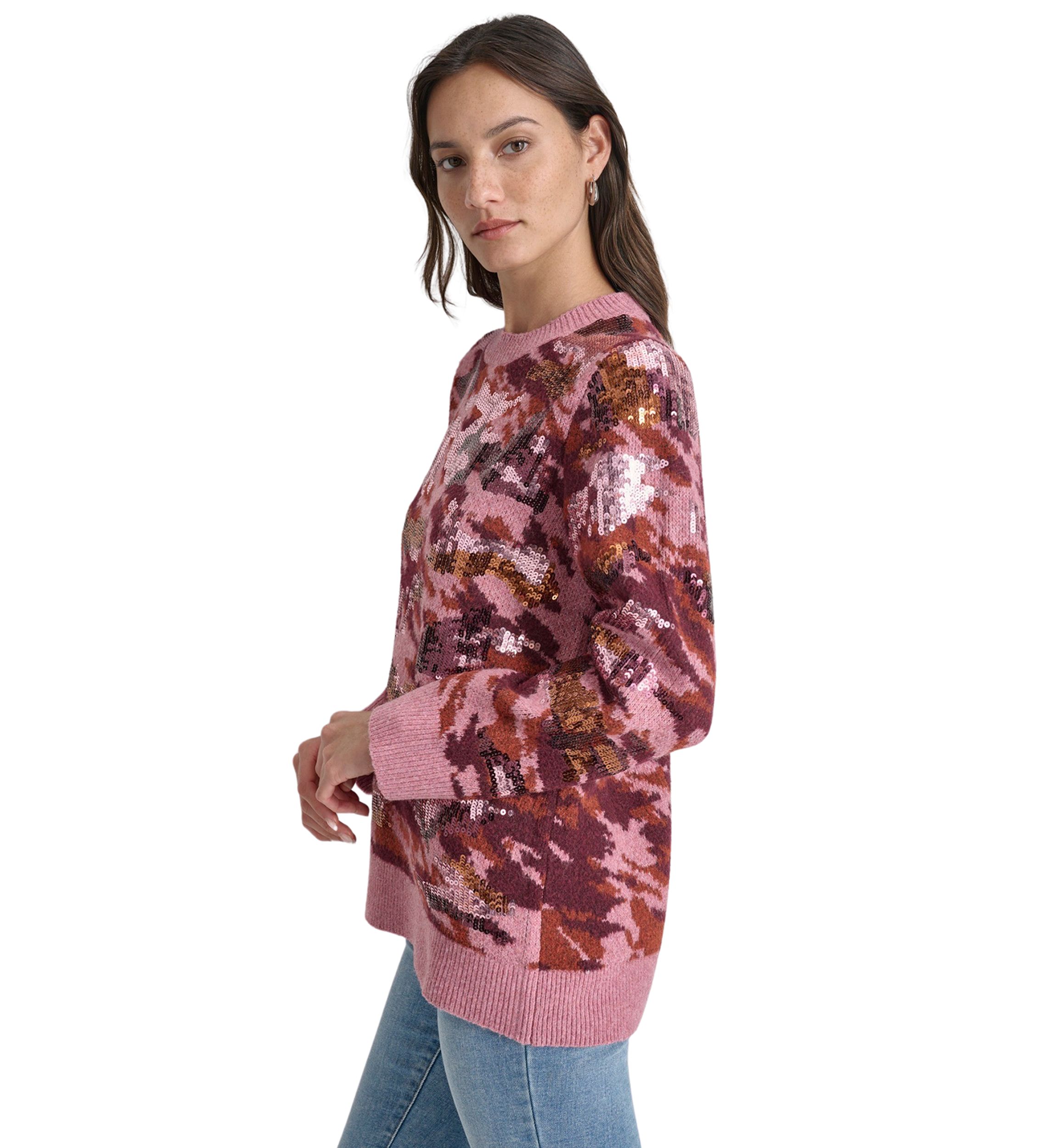 Womens Long Sleeve Sequin Camo Crew Neck Sweater