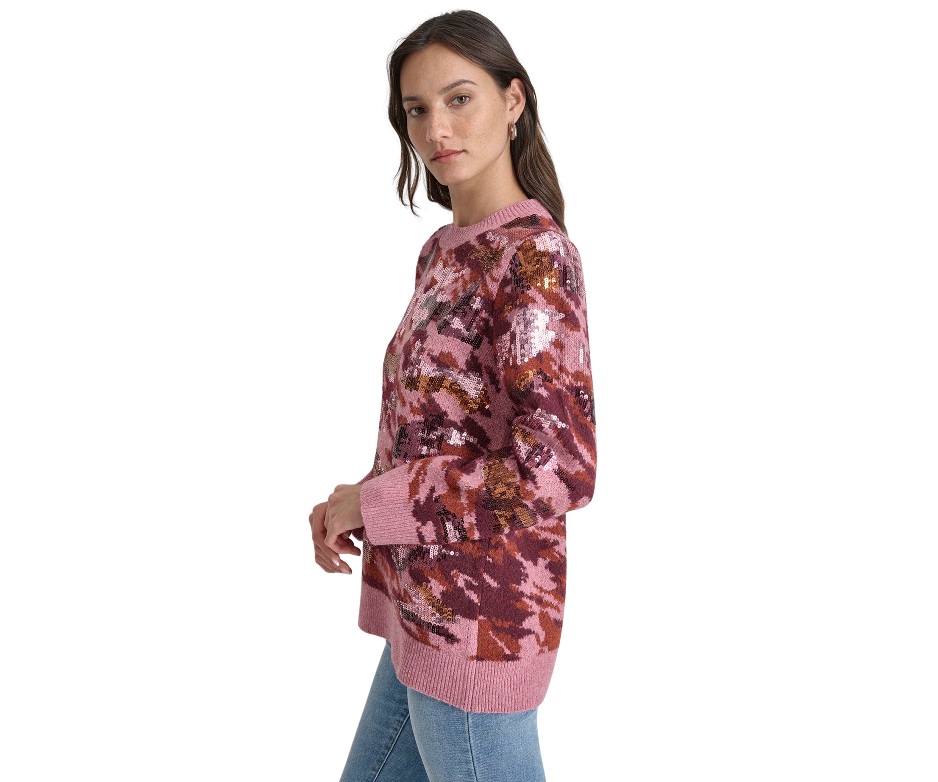 Womens Long Sleeve Sequin Camo Crew Neck Sweater