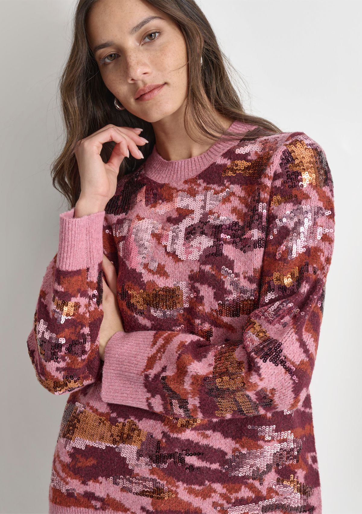 Womens Long Sleeve Sequin Camo Crew Neck Sweater