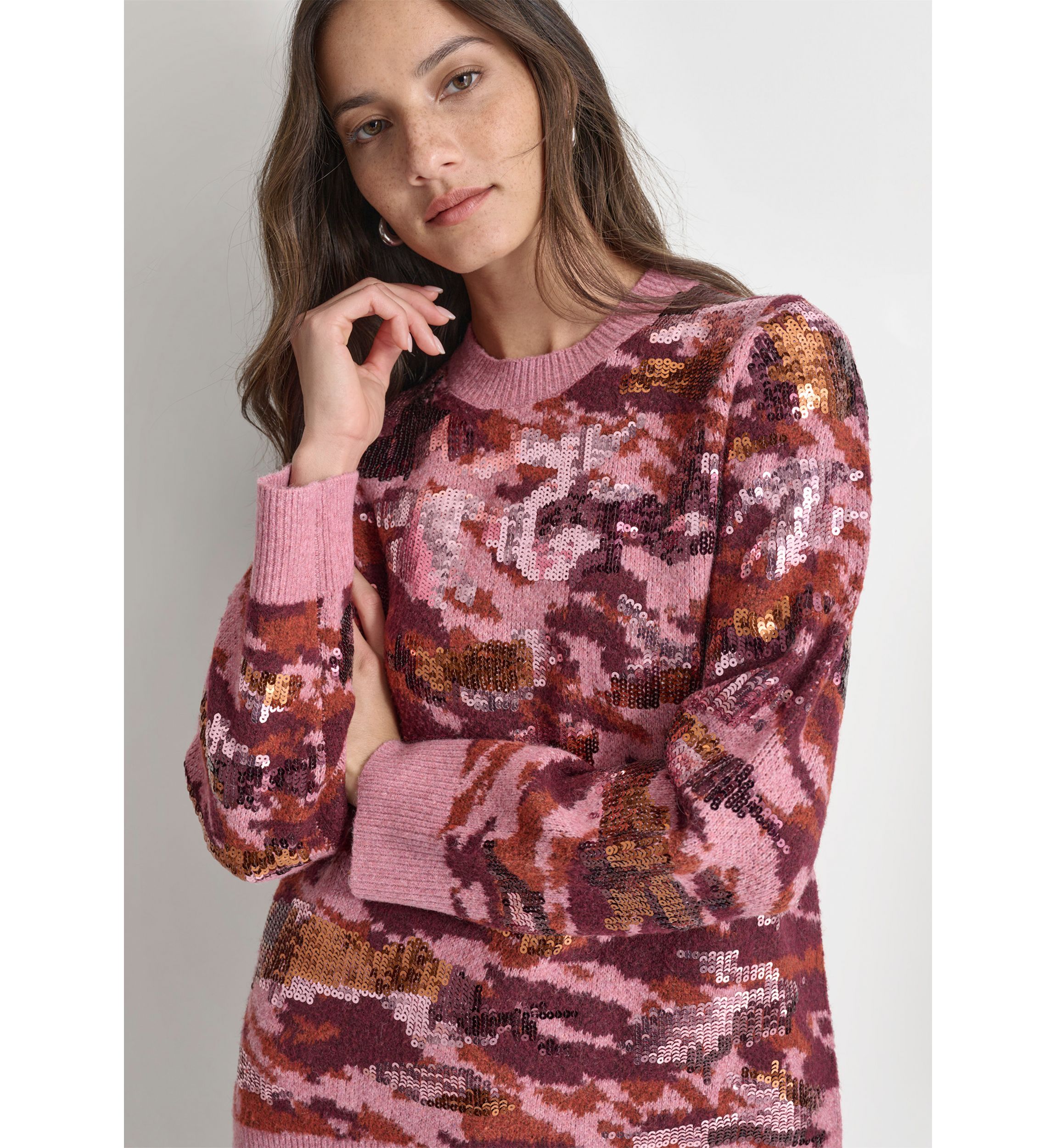 Womens Long Sleeve Sequin Camo Crew Neck Sweater