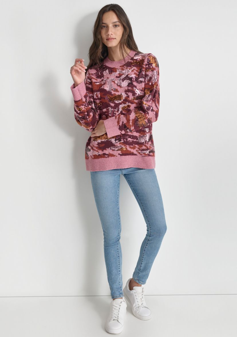 Womens Long Sleeve Sequin Camo Crew Neck Sweater