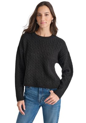 DKNY Jeans Women's Long Sleeve Cable Crew Neck Sweater, Black, Large