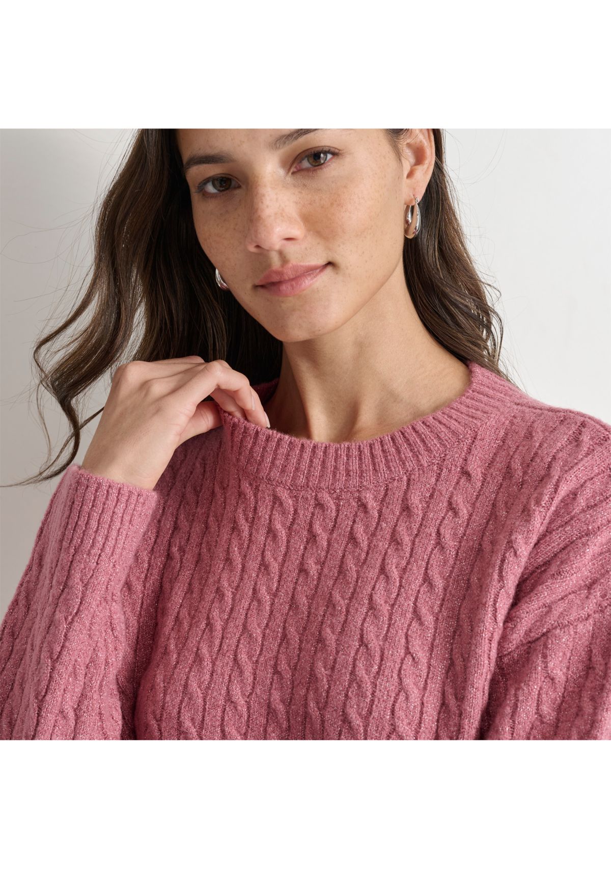 Womens Long Sleeve Cable Crew Neck Sweater