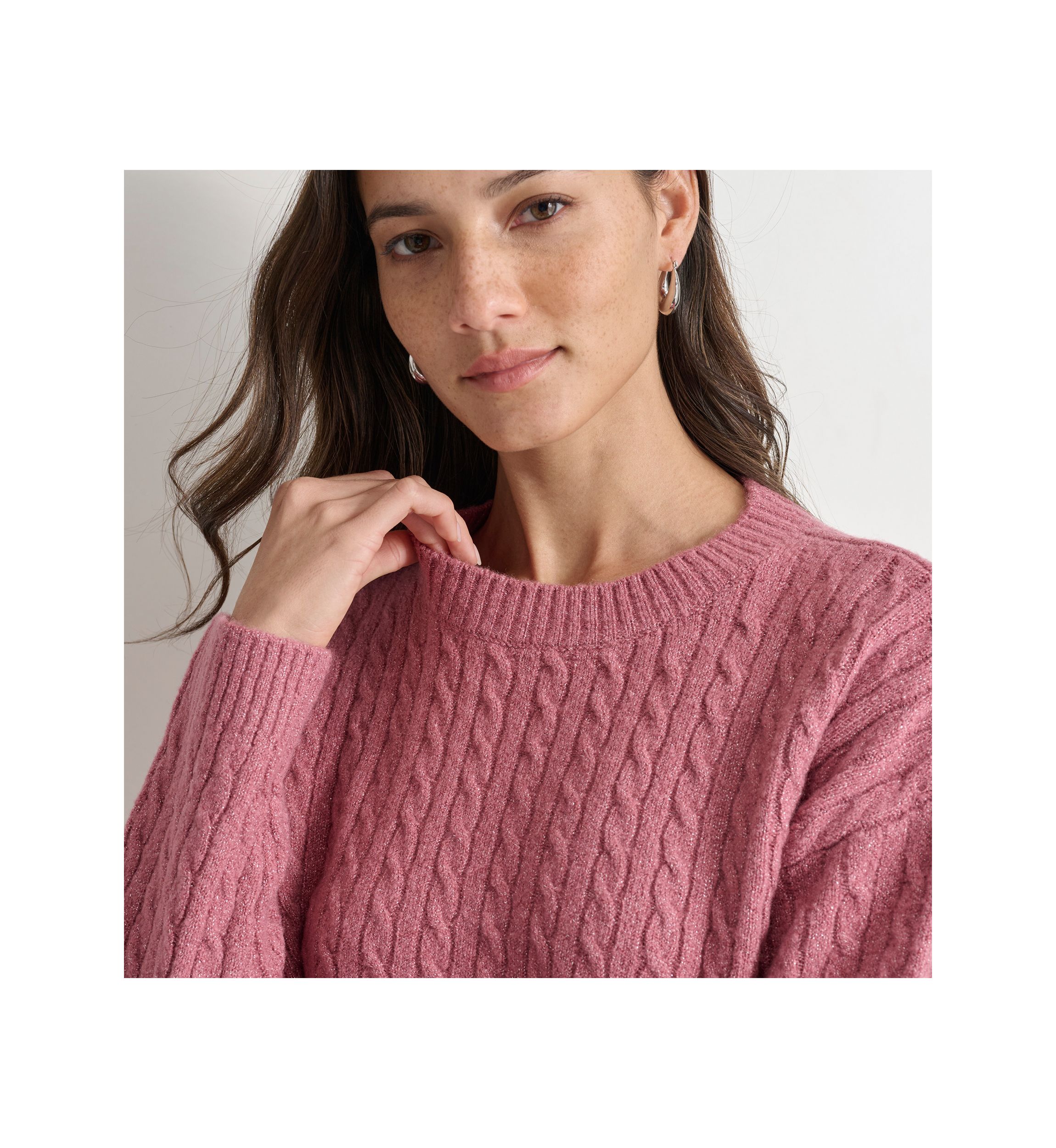 Womens Long Sleeve Cable Crew Neck Sweater