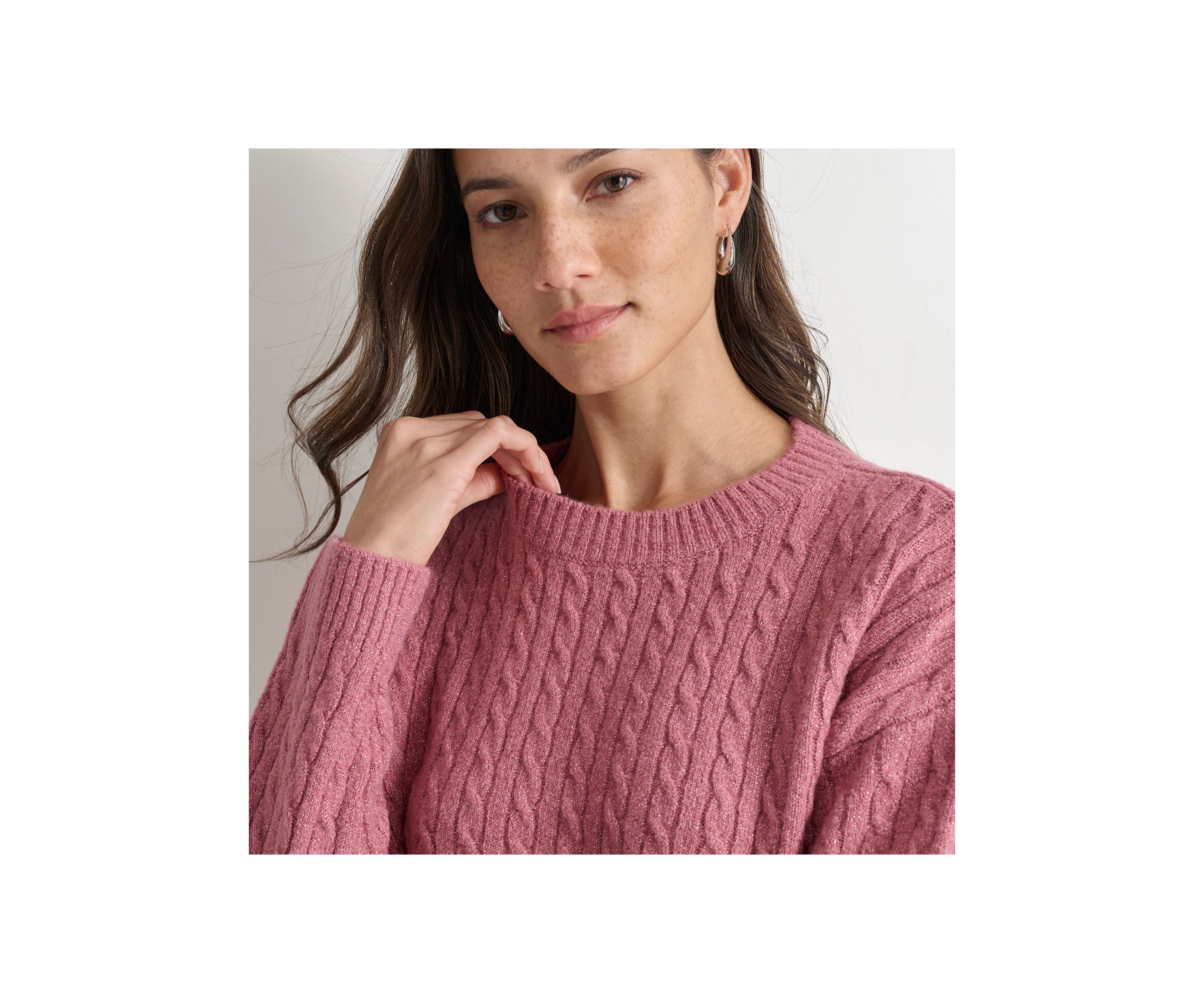 Womens Long Sleeve Cable Crew Neck Sweater