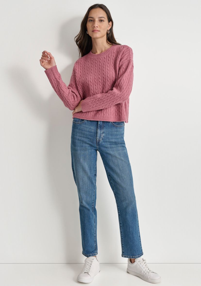 Womens Long Sleeve Cable Crew Neck Sweater