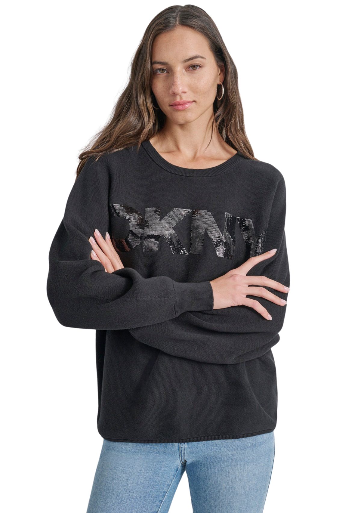 Womens Long Sleeve Sequin Logo Crew Neck Sweater