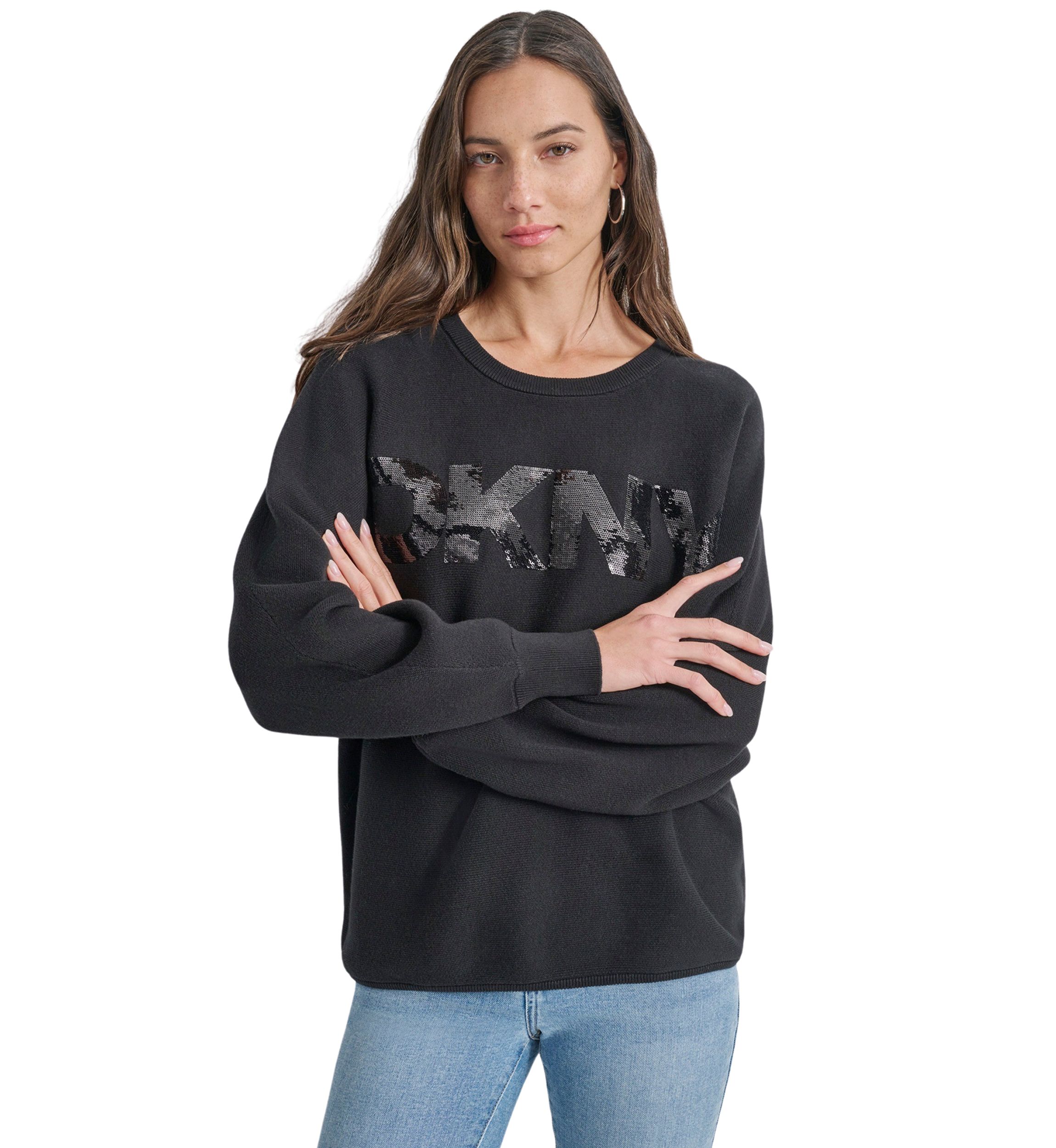 Womens Long Sleeve Sequin Logo Crew Neck Sweater