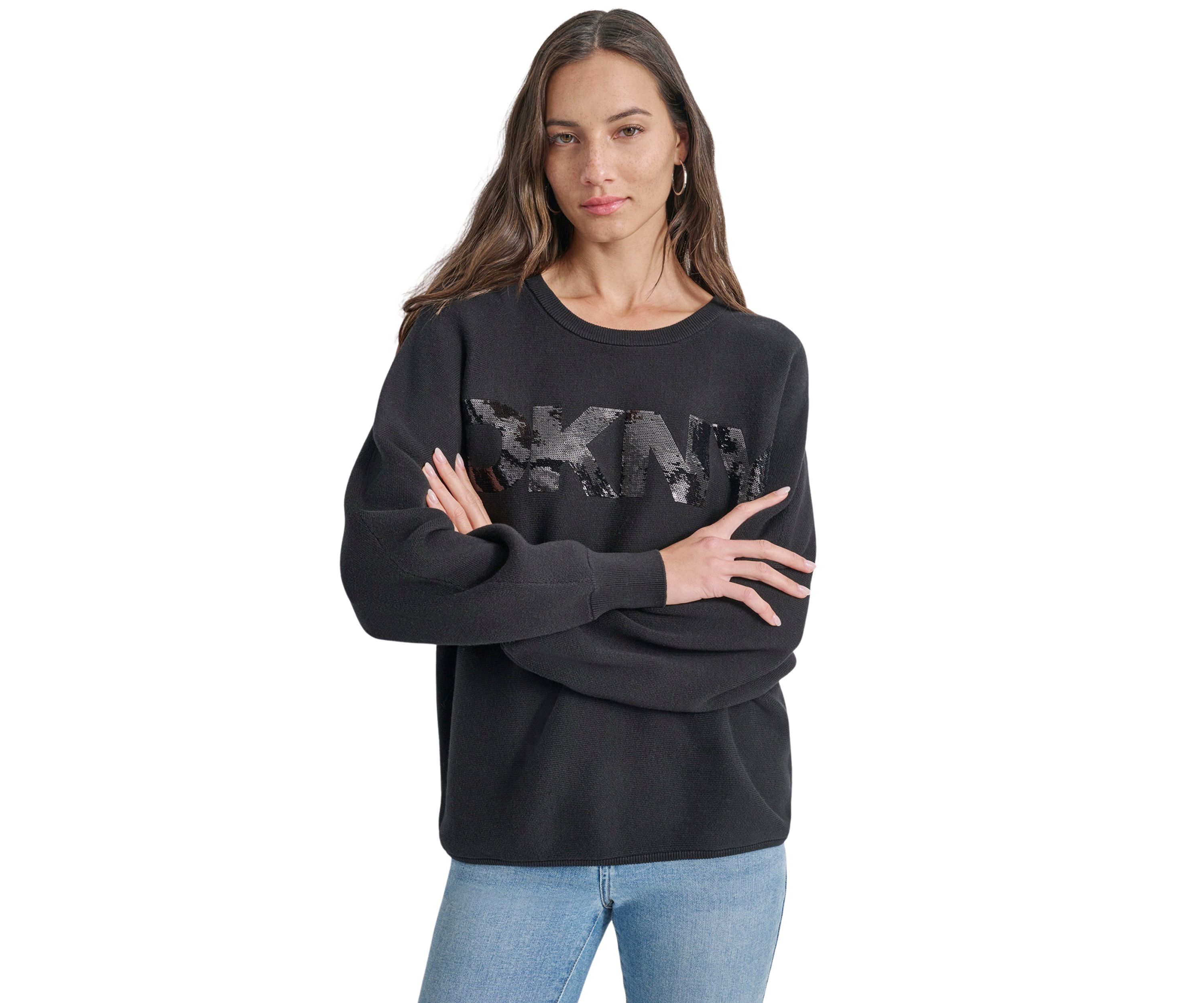 Womens Long Sleeve Sequin Logo Crew Neck Sweater
