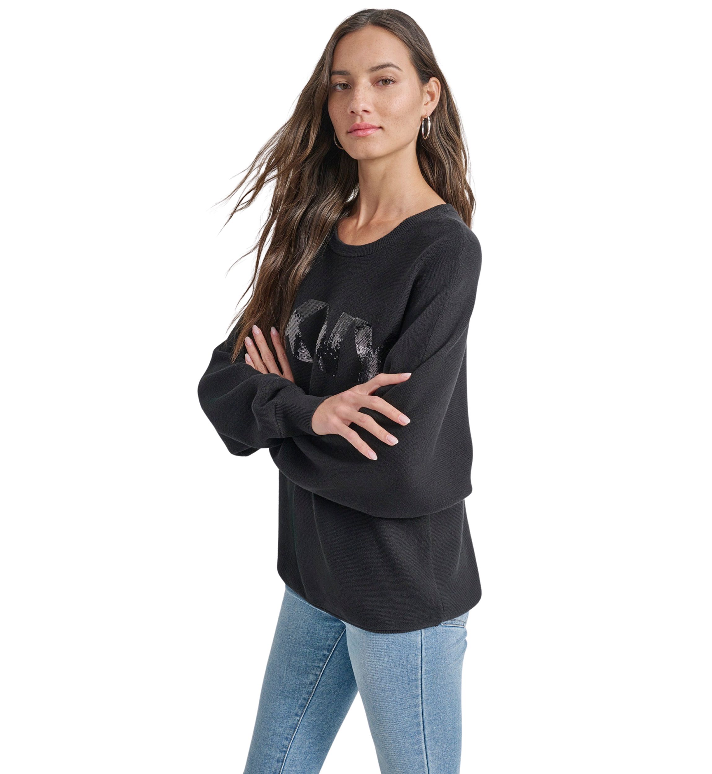Womens Long Sleeve Sequin Logo Crew Neck Sweater