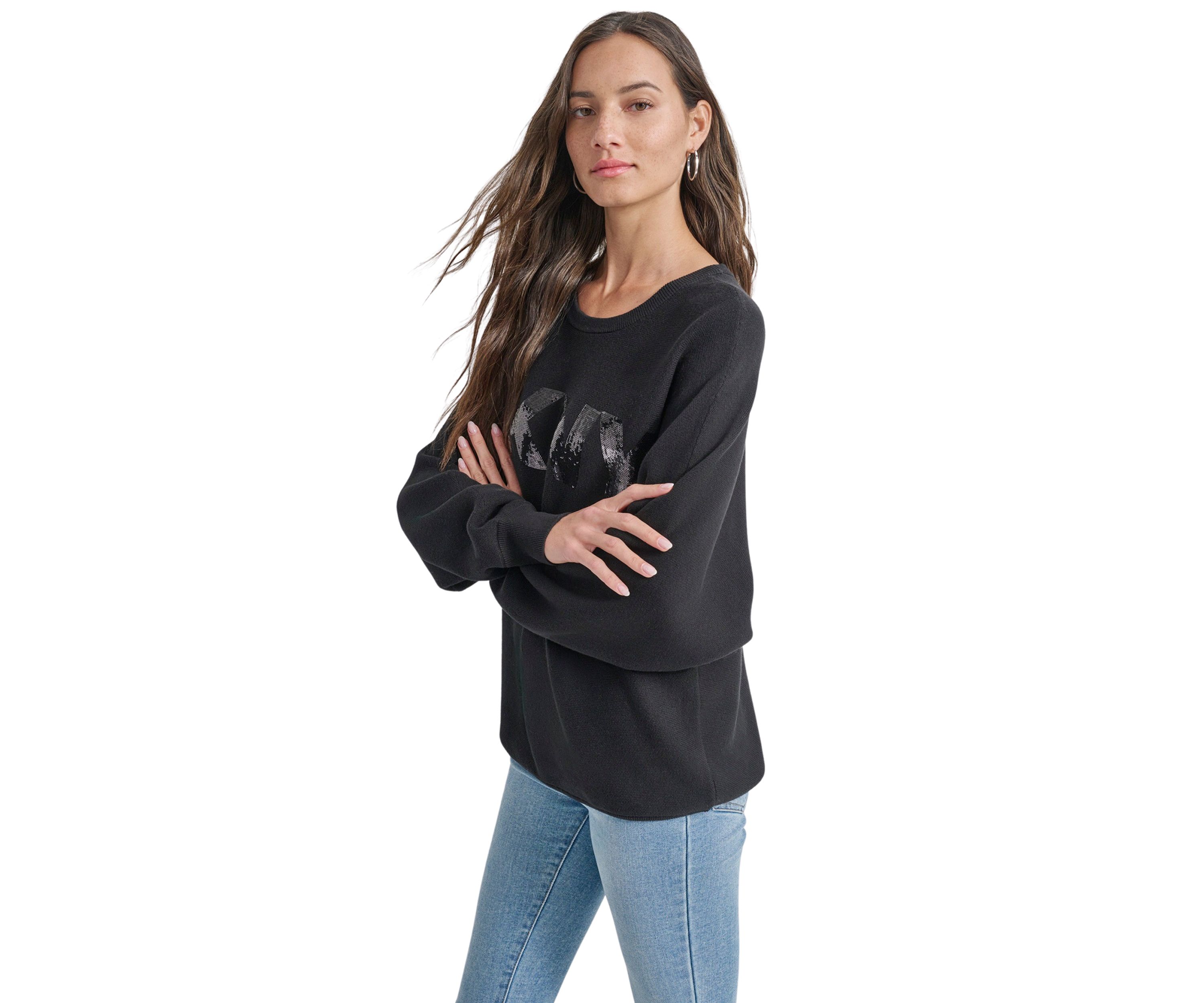Womens Long Sleeve Sequin Logo Crew Neck Sweater