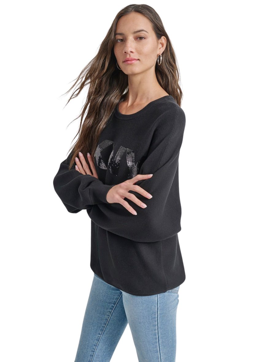 Womens Long Sleeve Sequin Logo Crew Neck Sweater