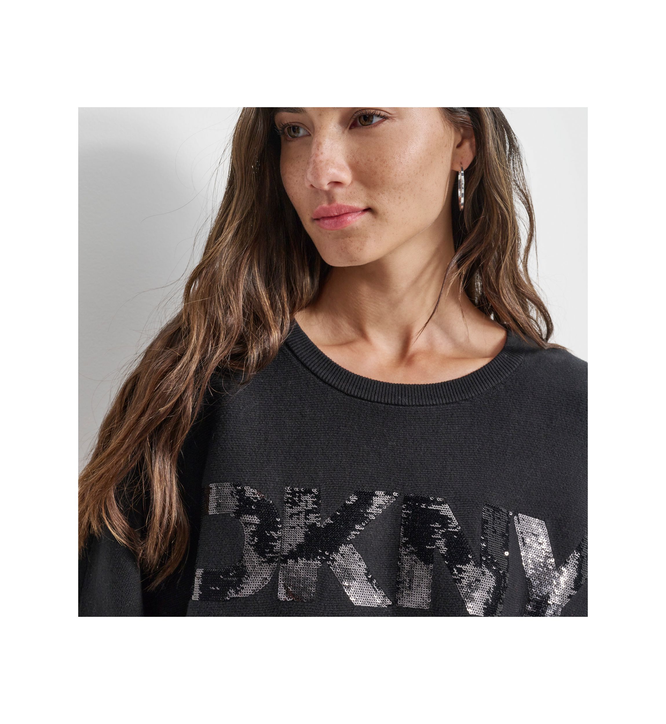 Womens Long Sleeve Sequin Logo Crew Neck Sweater