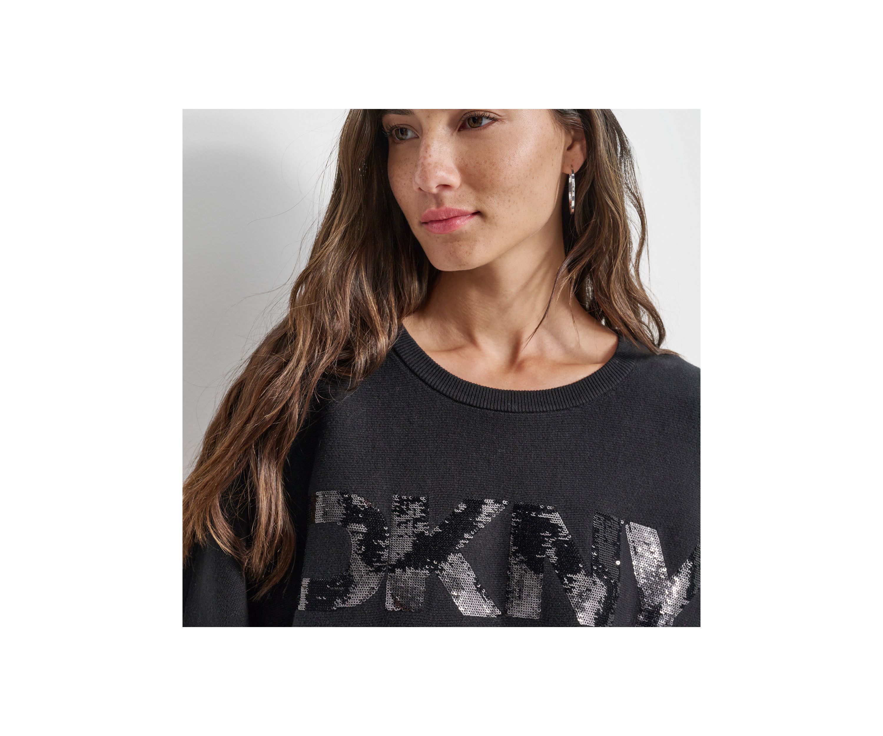Womens Long Sleeve Sequin Logo Crew Neck Sweater