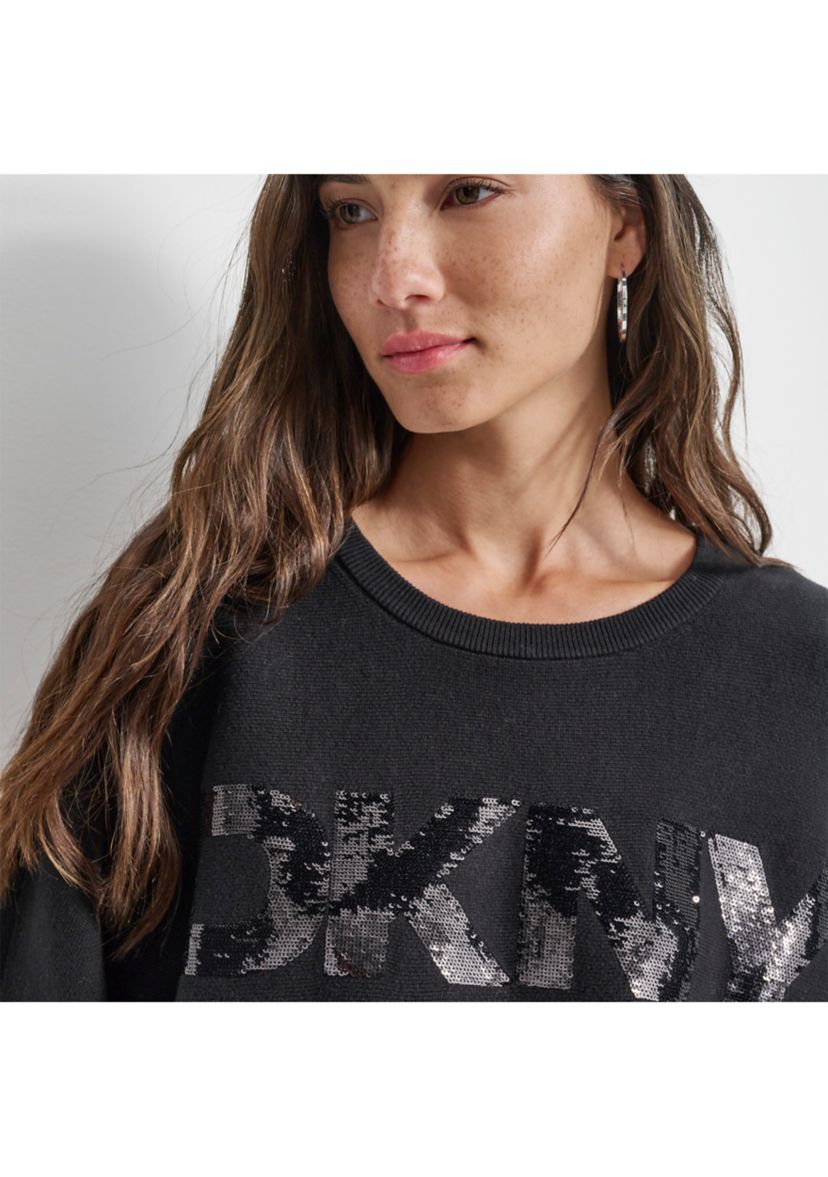 Womens Long Sleeve Sequin Logo Crew Neck Sweater