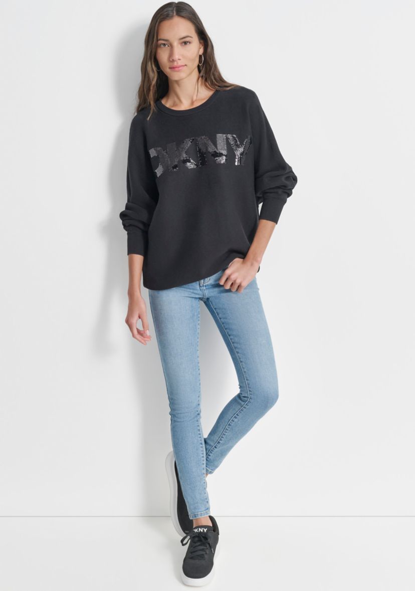 Womens Long Sleeve Sequin Logo Crew Neck Sweater