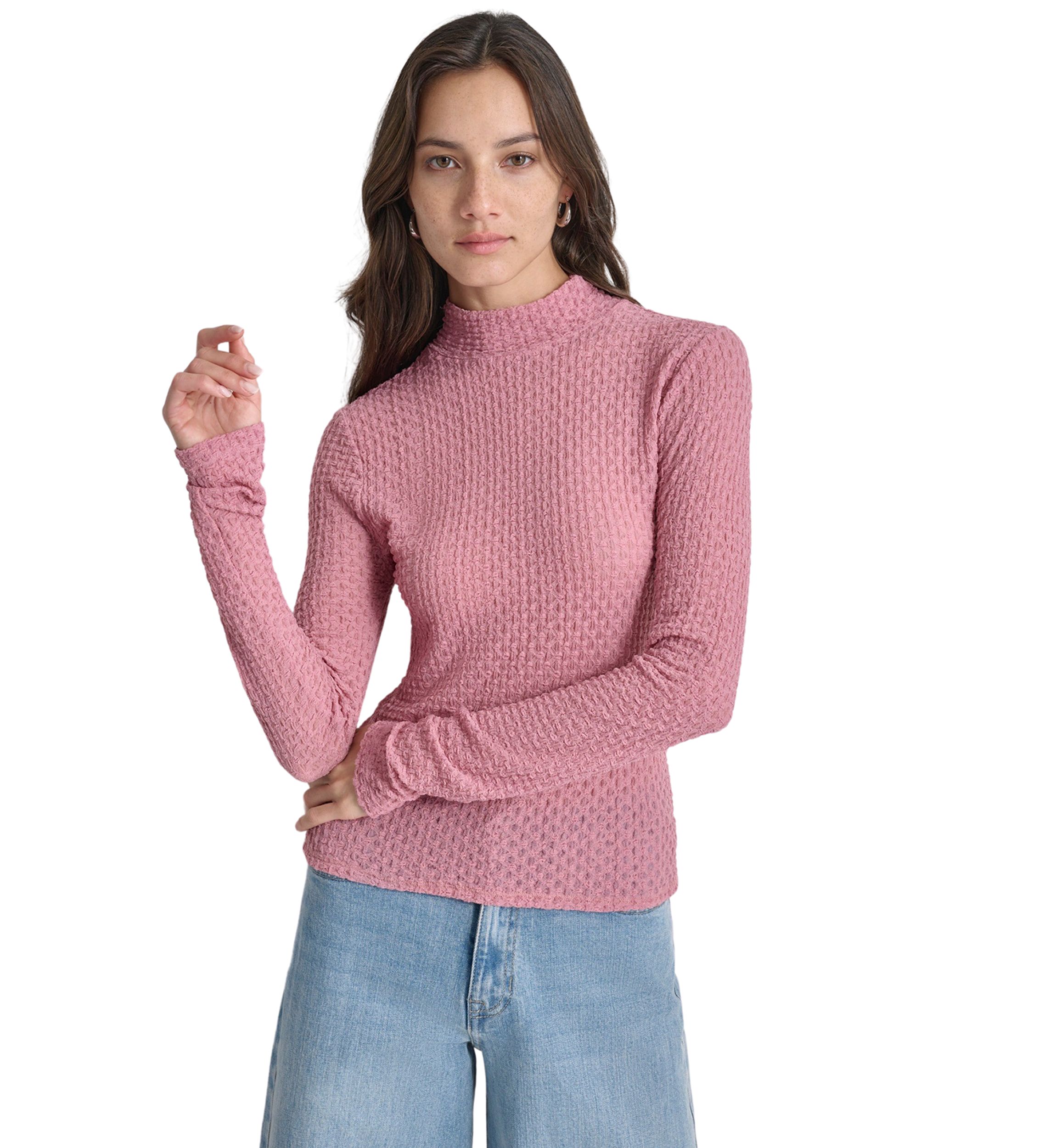 Womens Long Sleeve Pebble Lace Mock Neck Top