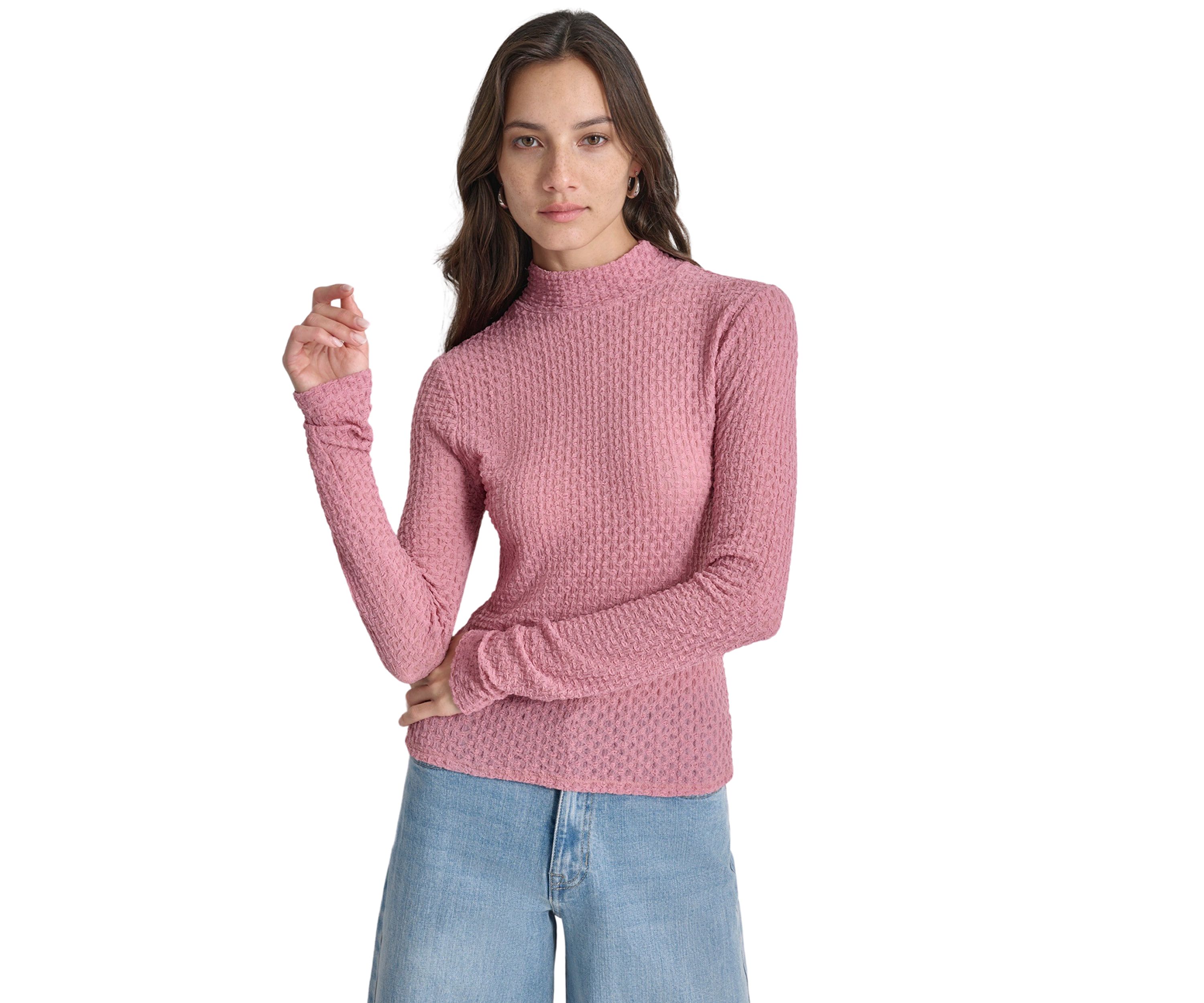 Womens Long Sleeve Pebble Lace Mock Neck Top