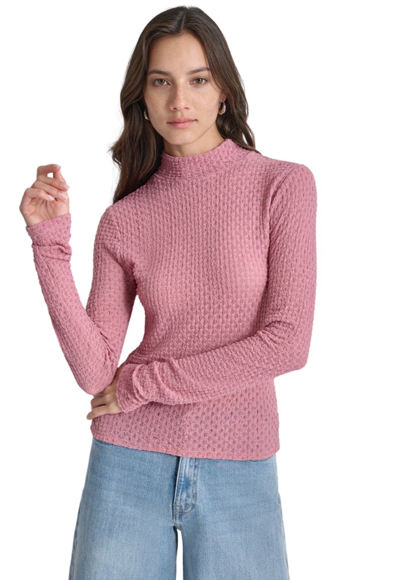 Womens Long Sleeve Pebble Lace Mock Neck Top
