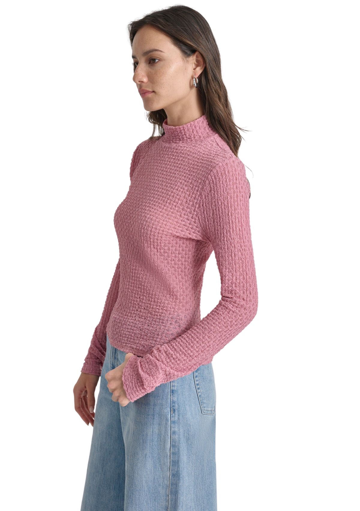 Womens Long Sleeve Pebble Lace Mock Neck Top