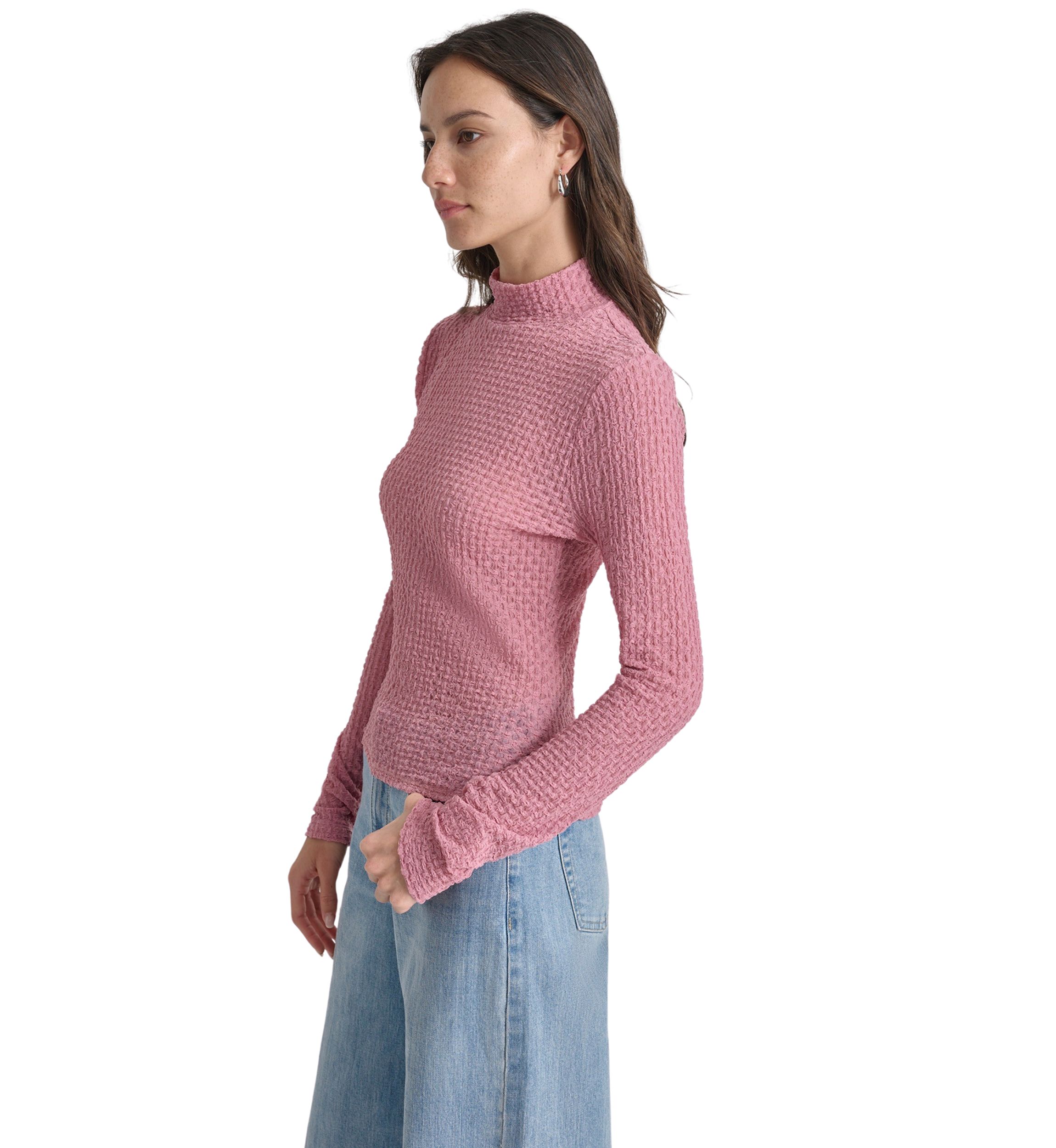 Womens Long Sleeve Pebble Lace Mock Neck Top