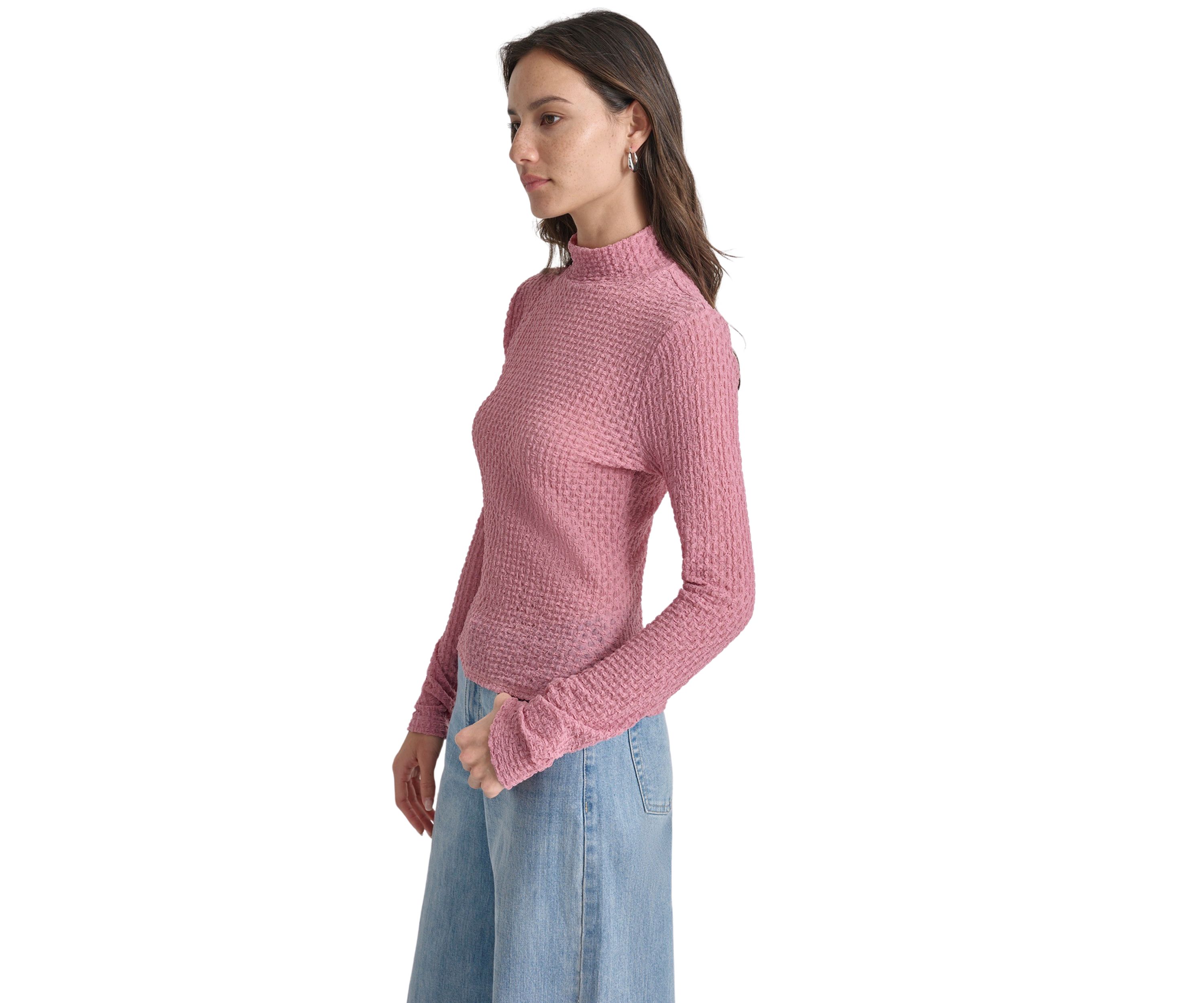 Womens Long Sleeve Pebble Lace Mock Neck Top