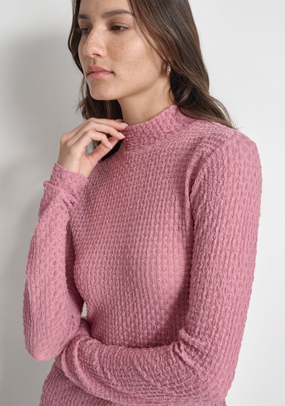 Womens Long Sleeve Pebble Lace Mock Neck Top