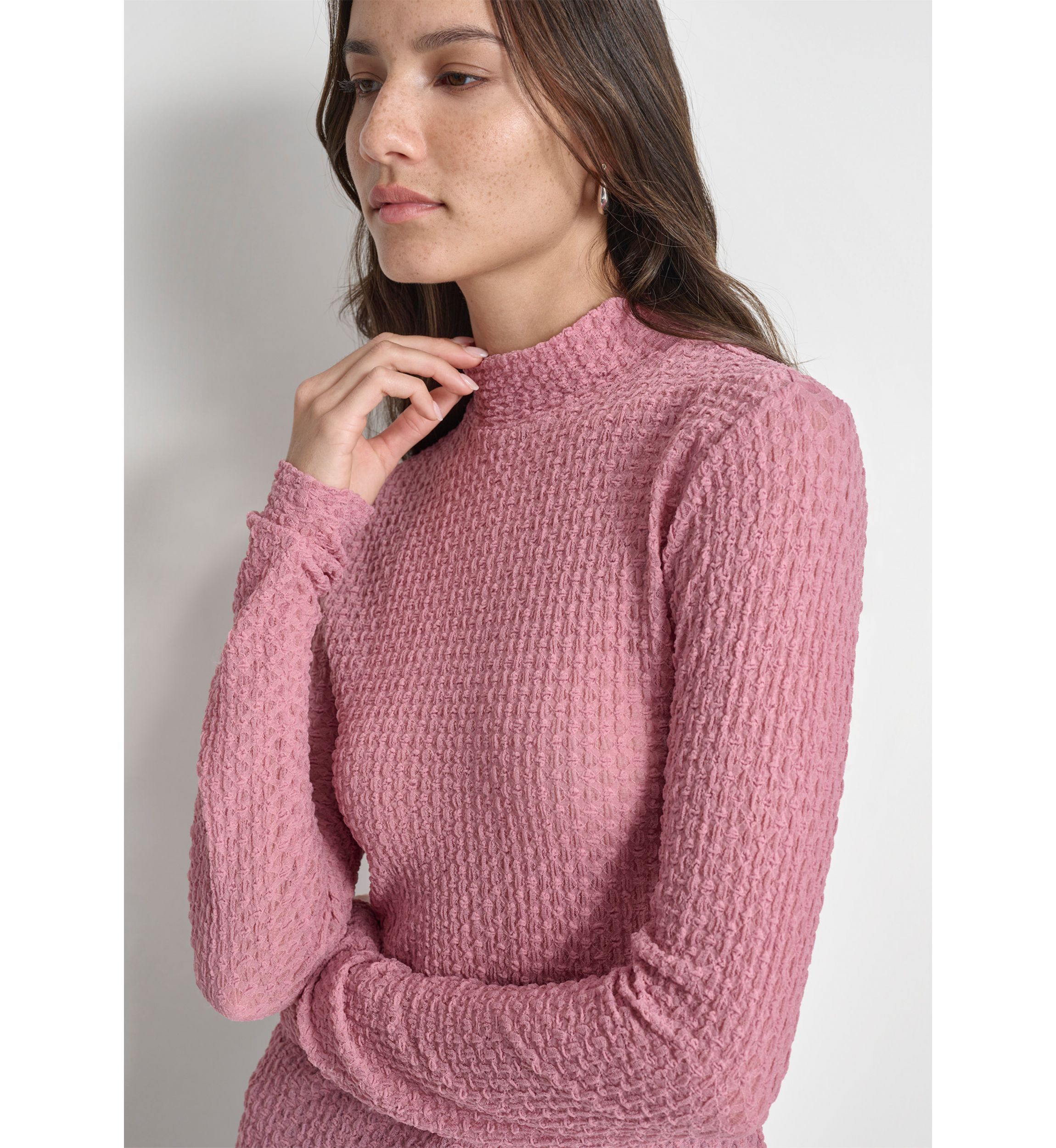 Womens Long Sleeve Pebble Lace Mock Neck Top