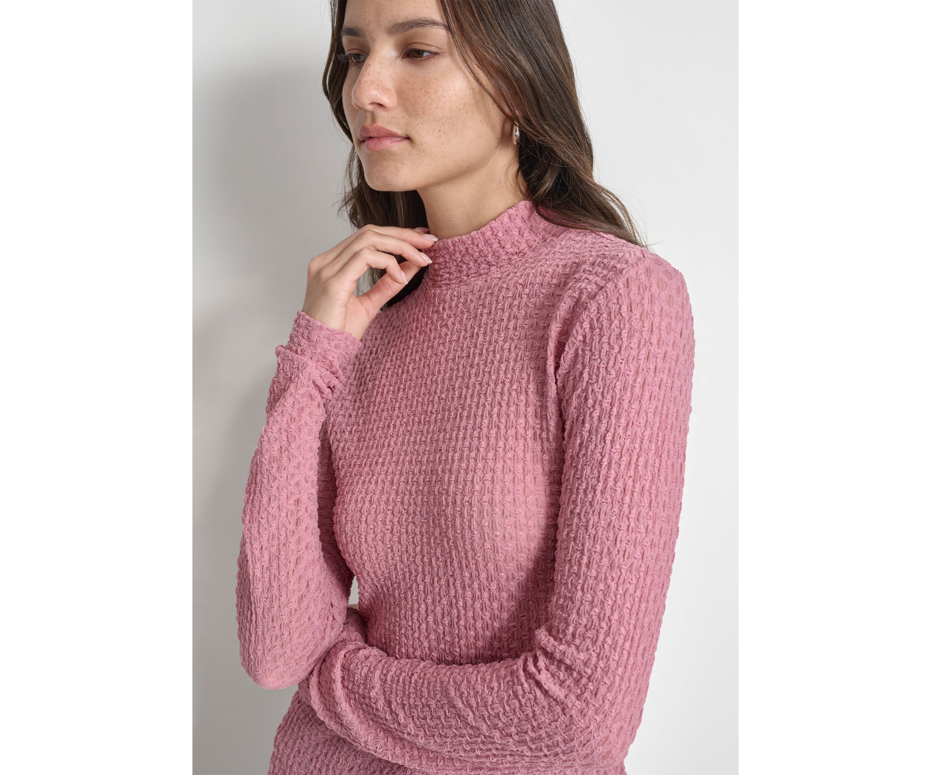 Womens Long Sleeve Pebble Lace Mock Neck Top