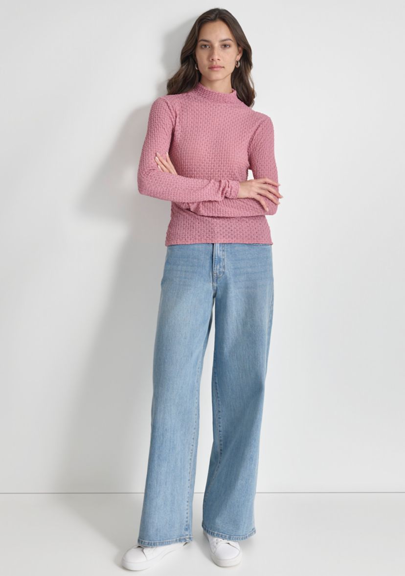Womens Long Sleeve Pebble Lace Mock Neck Top