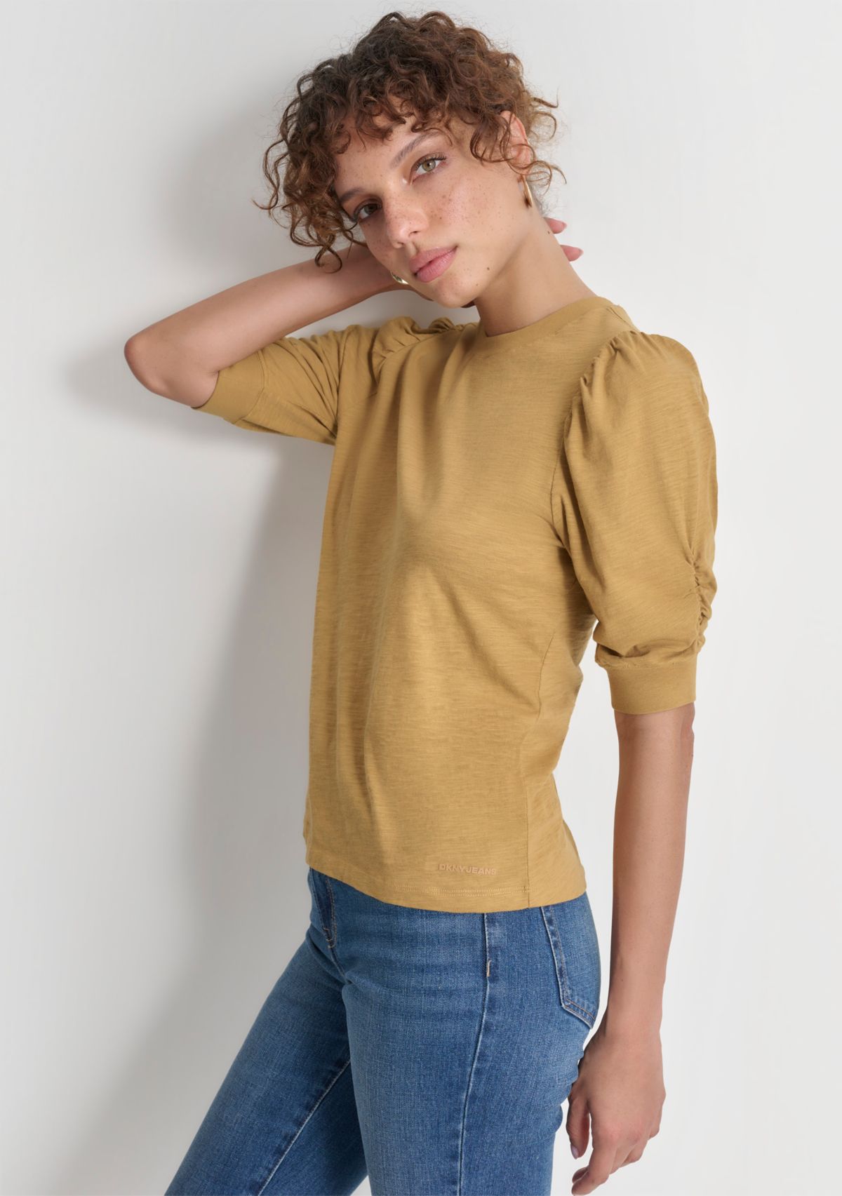 Womens Puff Sleeve Crew Neck T-Shirt
