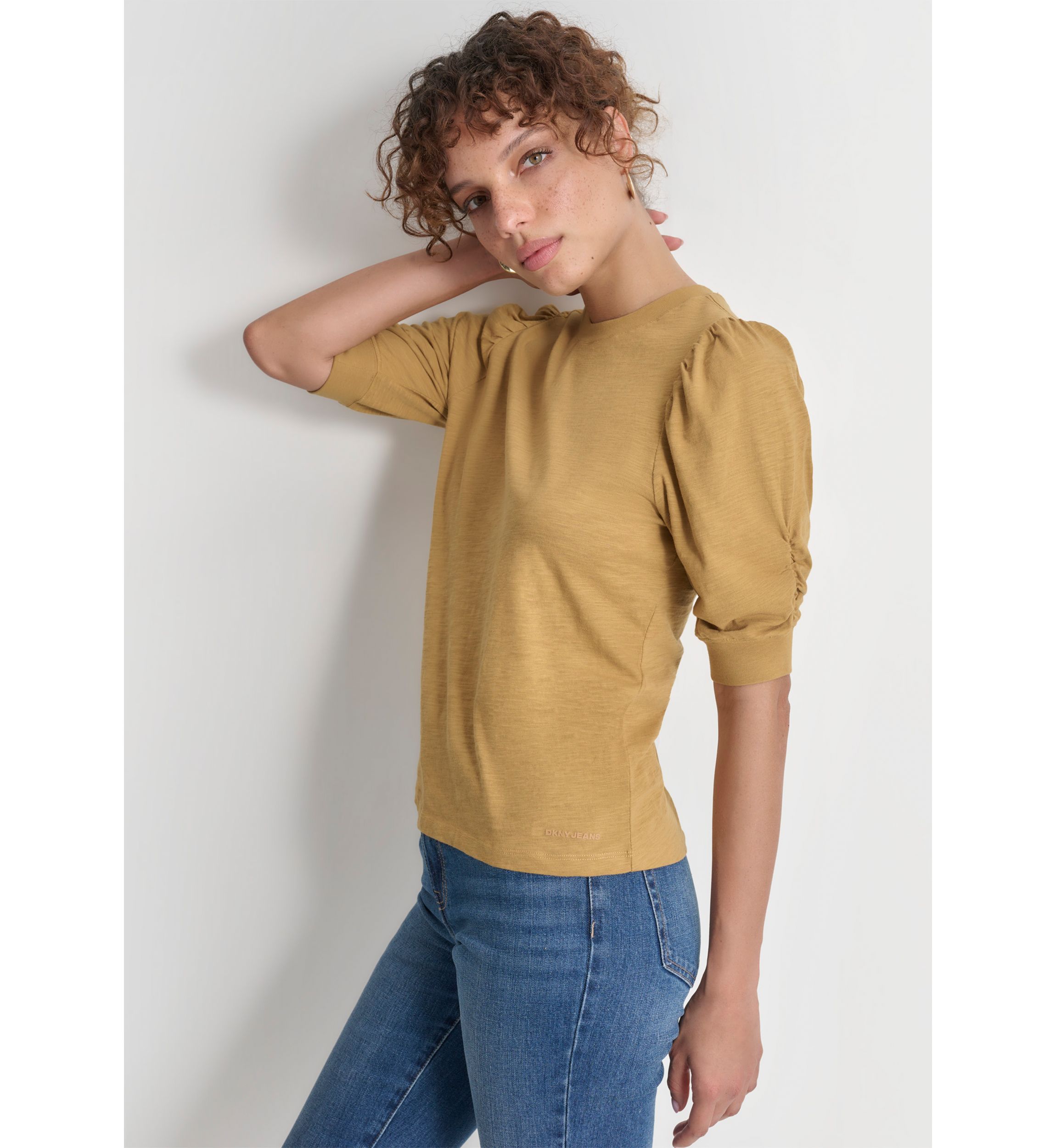 Womens Puff Sleeve Crew Neck T-Shirt