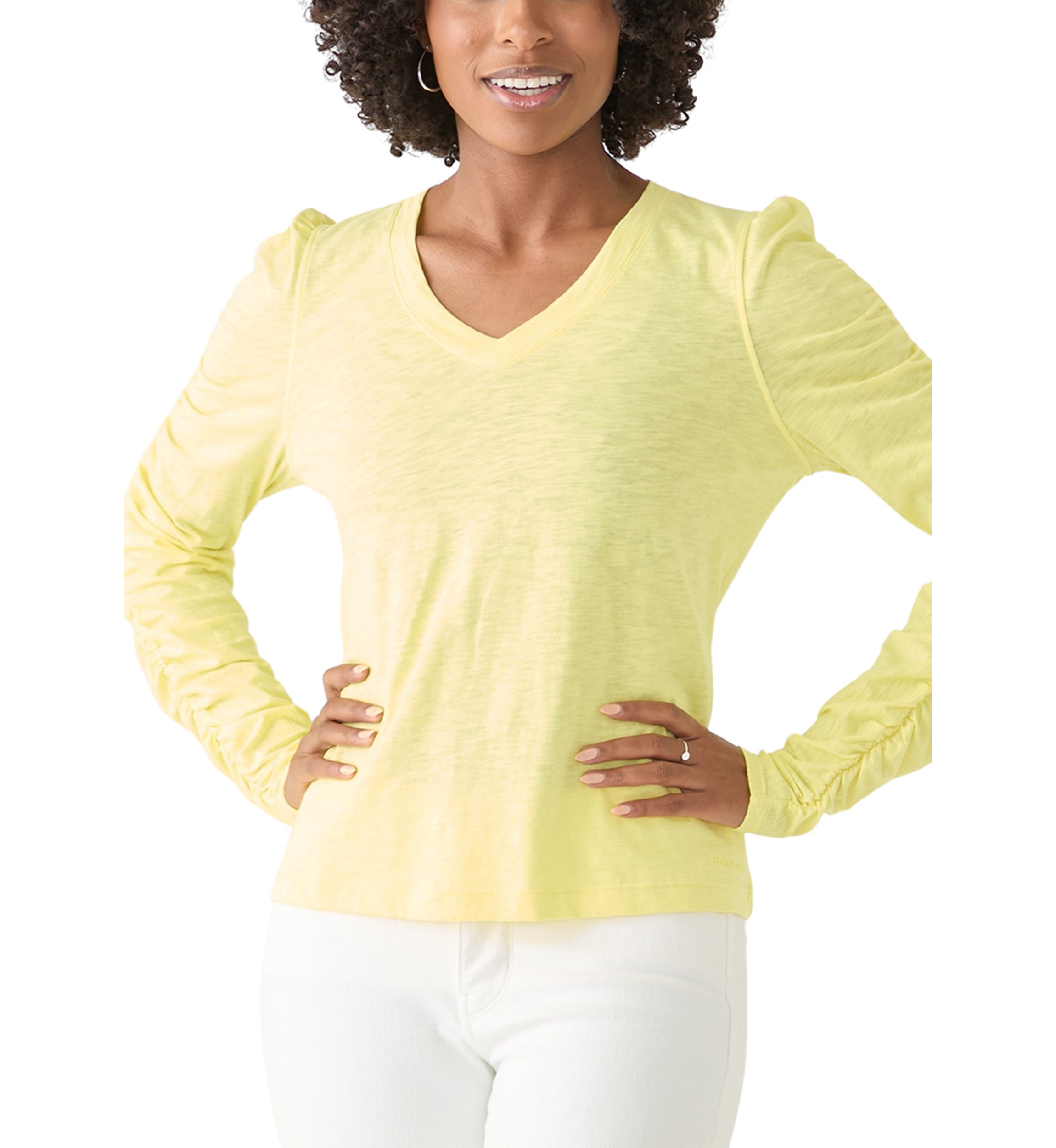 Womens Ruch Long Sleeve V-Neck Knit Top