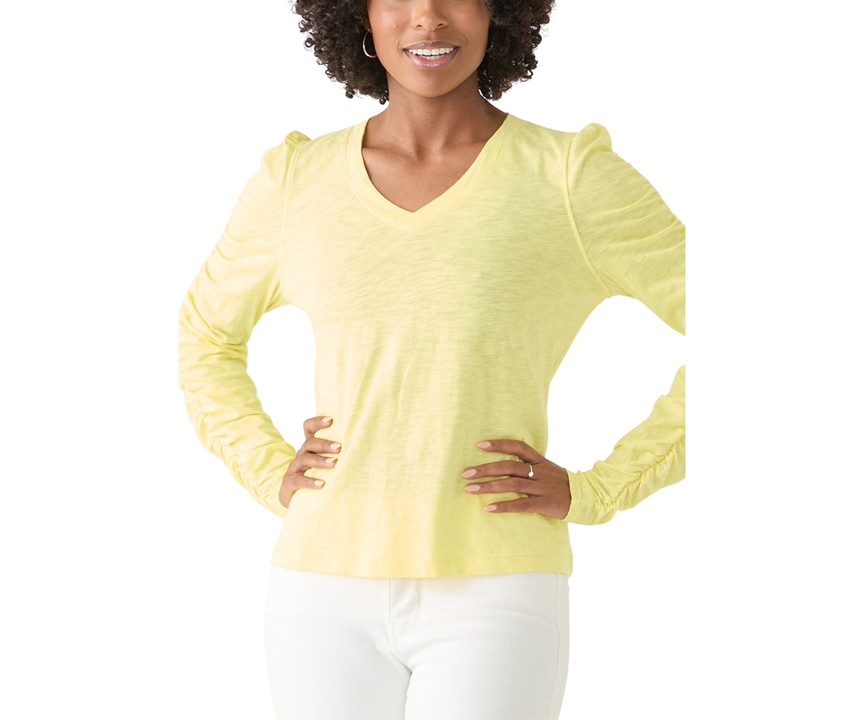 Womens Ruch Long Sleeve V-Neck Knit Top