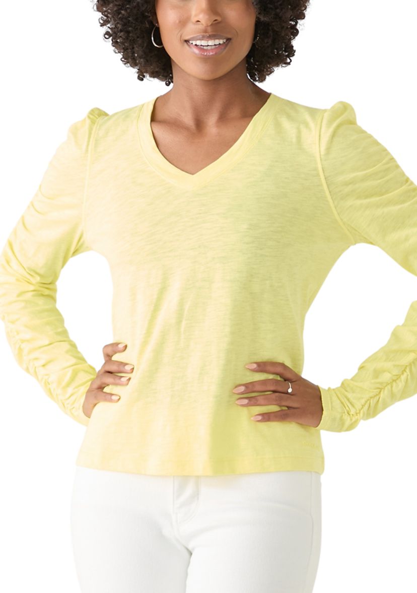 Womens Ruch Long Sleeve V-Neck Knit Top