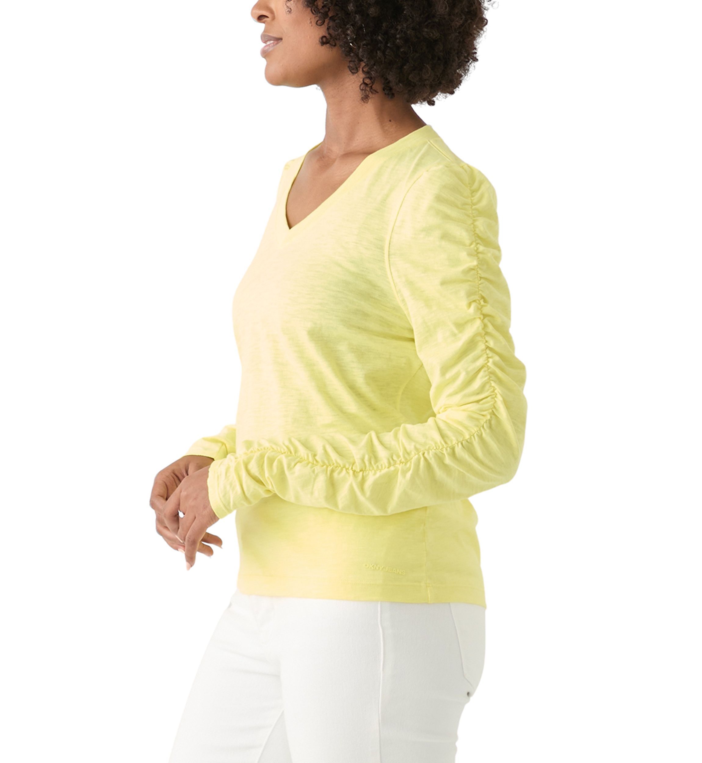 Womens Ruch Long Sleeve V-Neck Knit Top