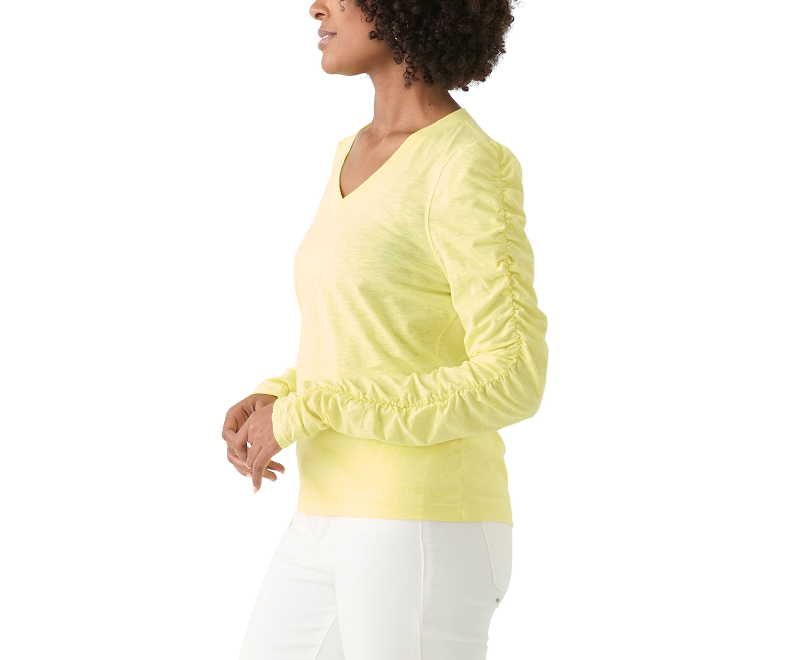 Womens Ruch Long Sleeve V-Neck Knit Top