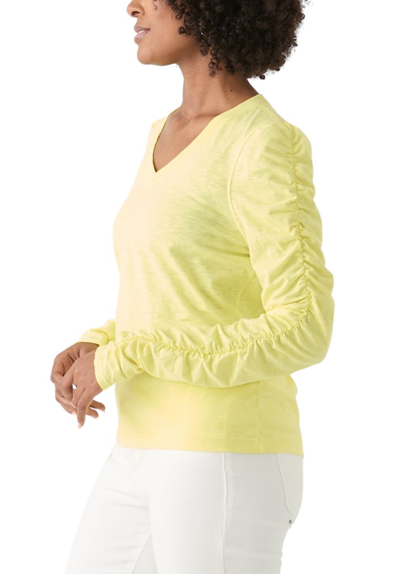 Womens Ruch Long Sleeve V-Neck Knit Top