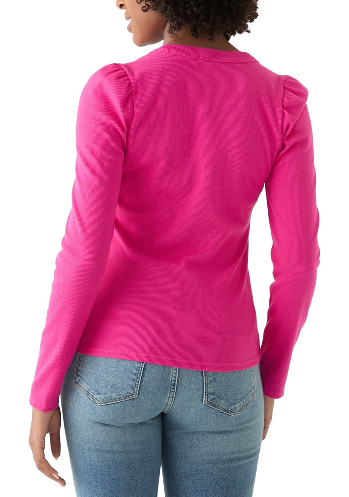Womens Puff V-Neck Ribbed Henley Top