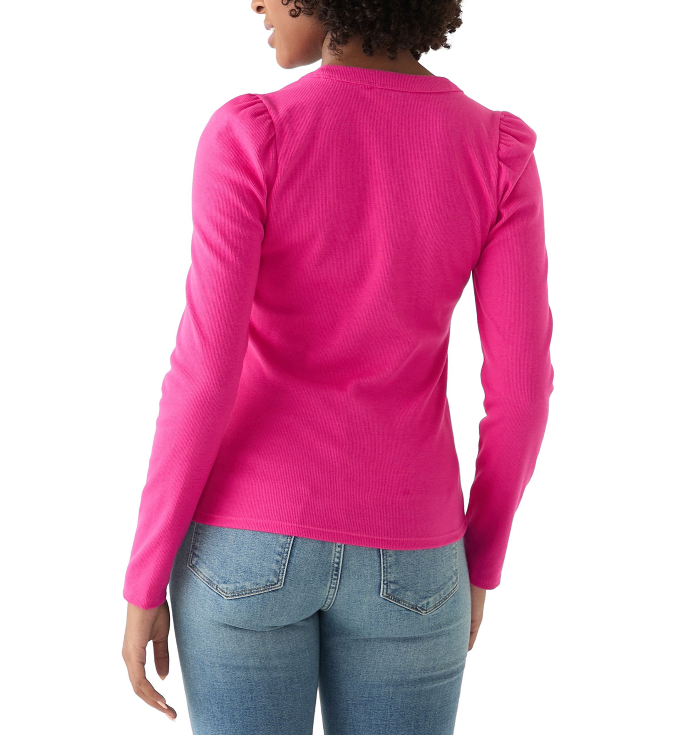 Womens Puff V-Neck Ribbed Henley Top