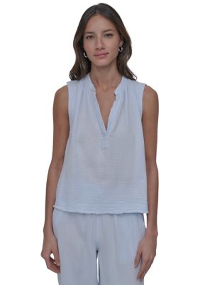 DKNY Jeans Women's Sleeveless Split Neck Gauze Popover Blouse, XL